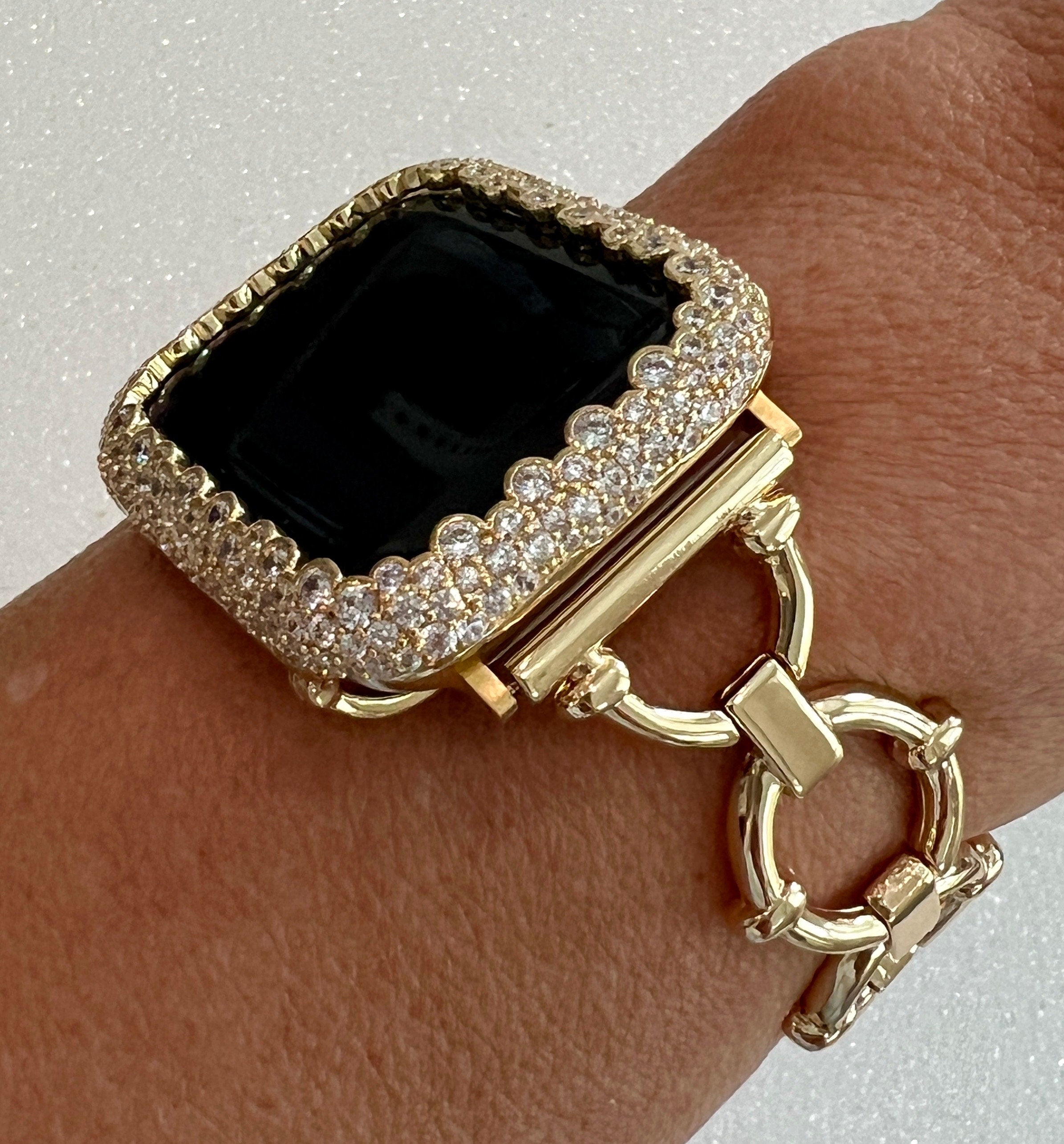 Minimalist Gold Apple Watch Band Womens Bracelet 38mm-49mm Ultra, Iwatch Phone band & or Apple Watch Case Lab Diamond Bezel Cover Gift