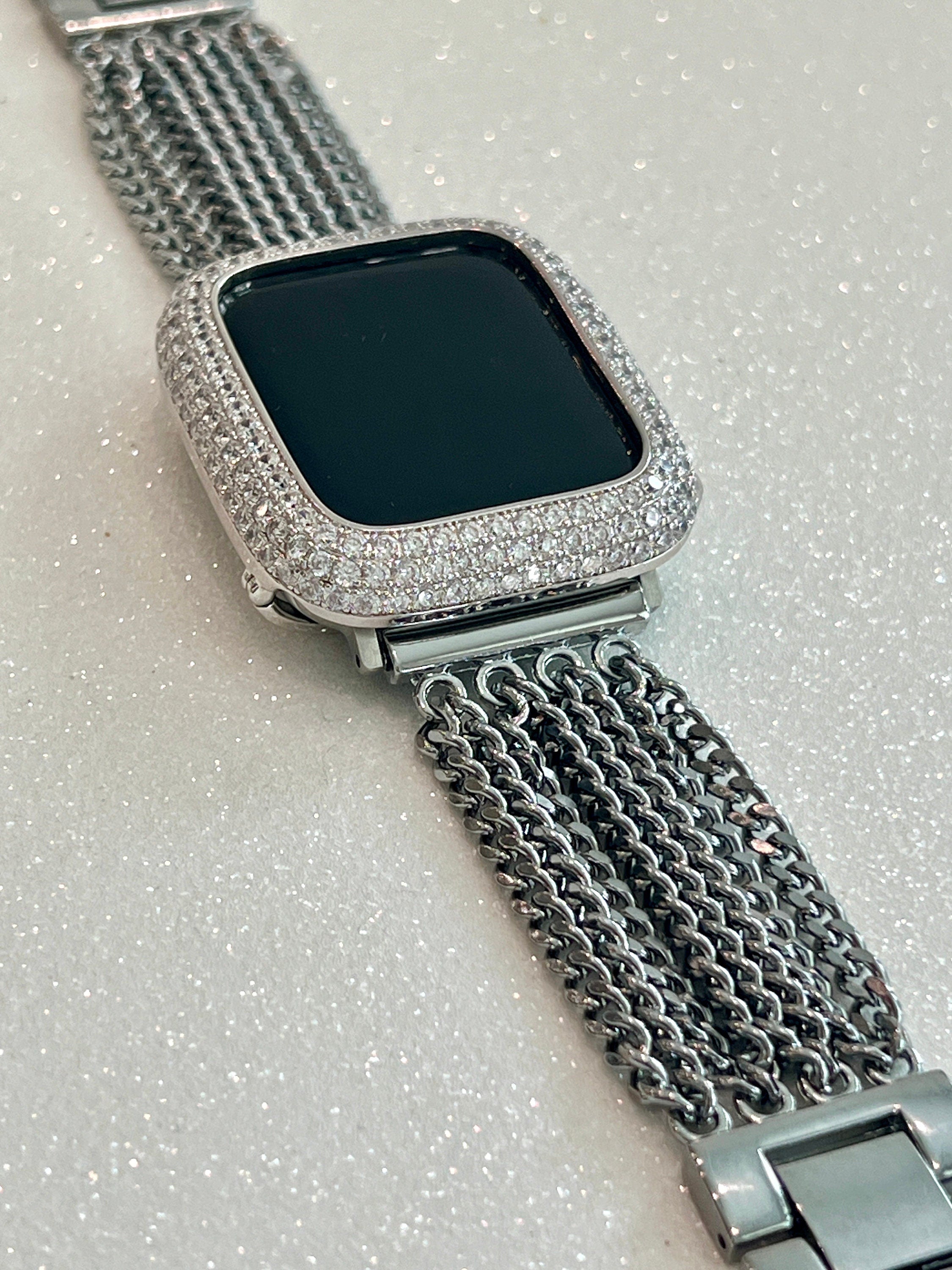 Silver Apple Watch Band Women Chain Link 38mm-49mm Ultra, Iwatch Phone band & or Apple Watch Case Lab Diamond Bezel Cover Minimalist