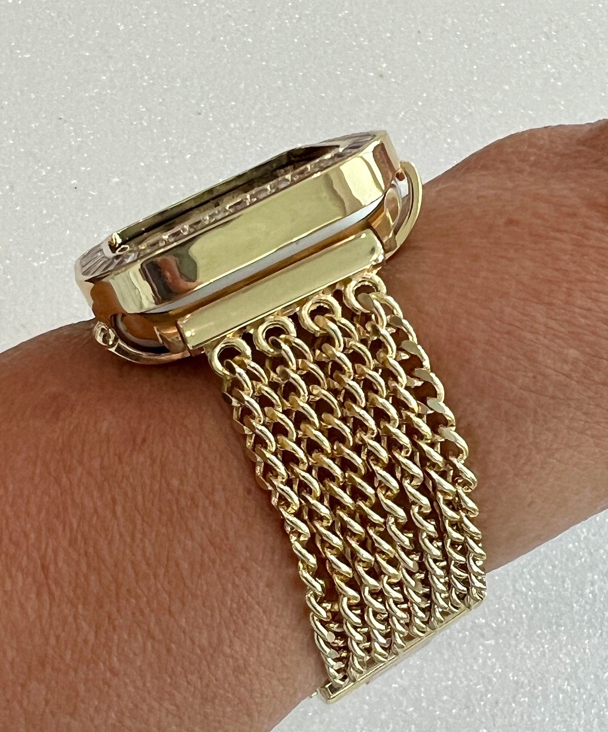 Yellow Gold Apple Watch Band Women Chain Link 38mm-45mm Ultra, Iwatch Phone band & or Apple Watch Case Lab Diamond Bezel Cover Minimalist