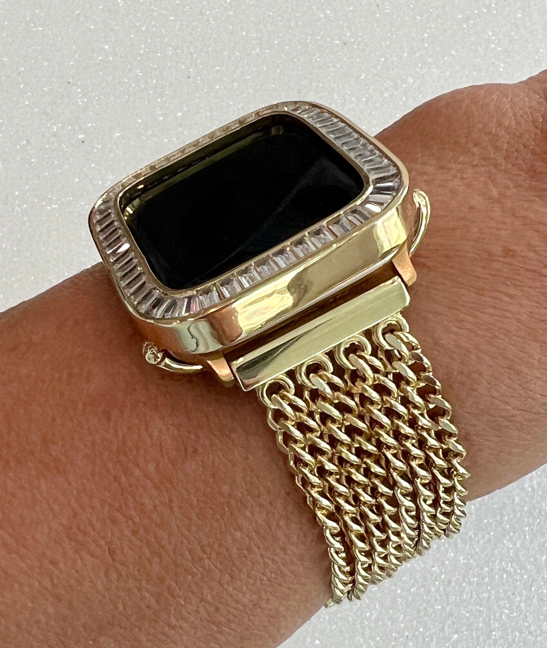 Yellow Gold Apple Watch Band Women Chain Link 38mm-45mm Ultra, Iwatch Phone band & or Apple Watch Case Lab Diamond Bezel Cover Minimalist