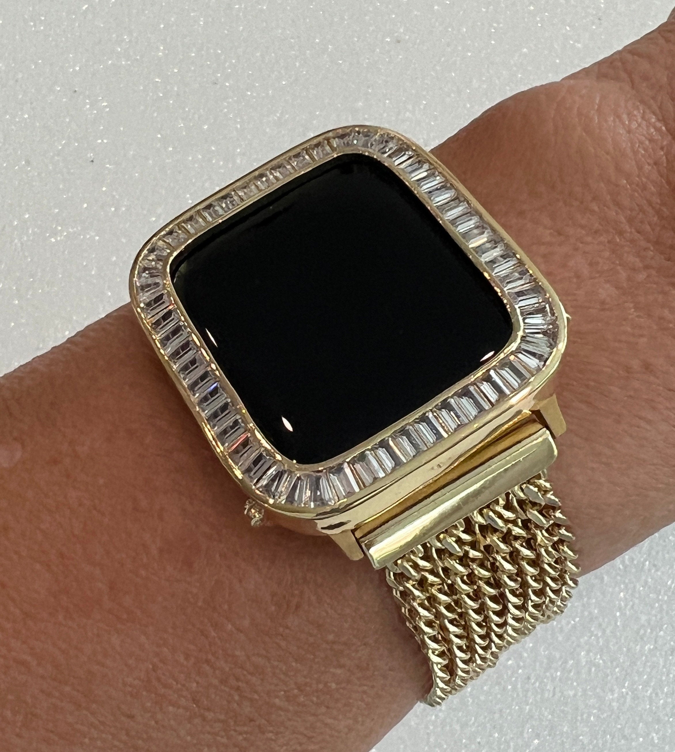 Yellow Gold Apple Watch Band Women Chain Link 38mm-45mm Ultra, Iwatch Phone band & or Apple Watch Case Lab Diamond Bezel Cover Minimalist