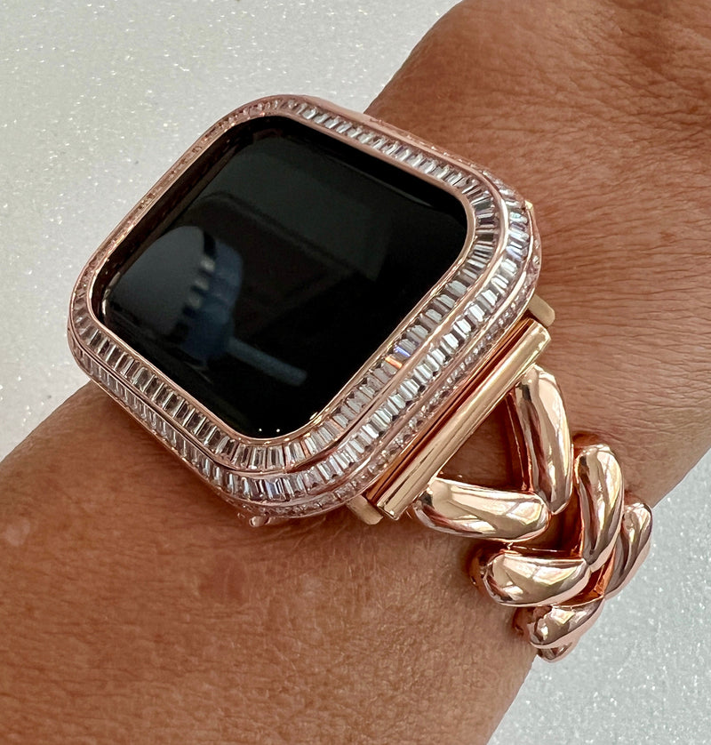 Rose Gold Apple Watch Band Womens Minimalist Bracelet, Iwatch Phone band & or Apple Watch Case Baguette Lab Diamond Bezel Iwatch Cover Gift