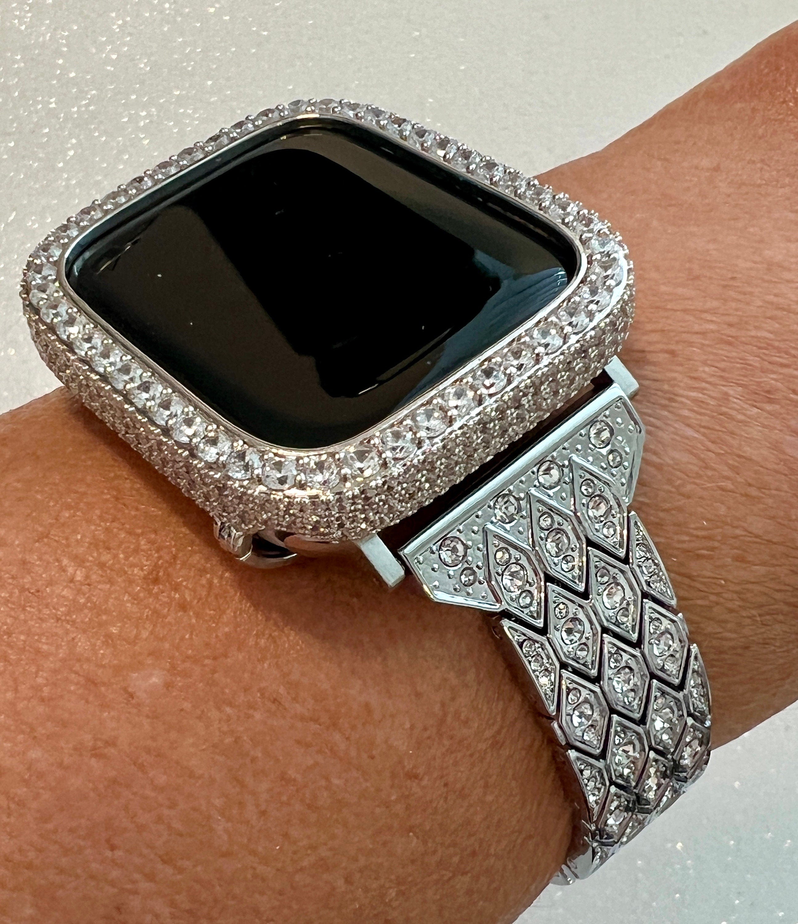 Pave Apple Watch Band Silver Swarovski Crystals 38mm-49mm Ultra & or Apple Watch Cover Lab Diamond Bezel Apple Watch Case Iphone Watch