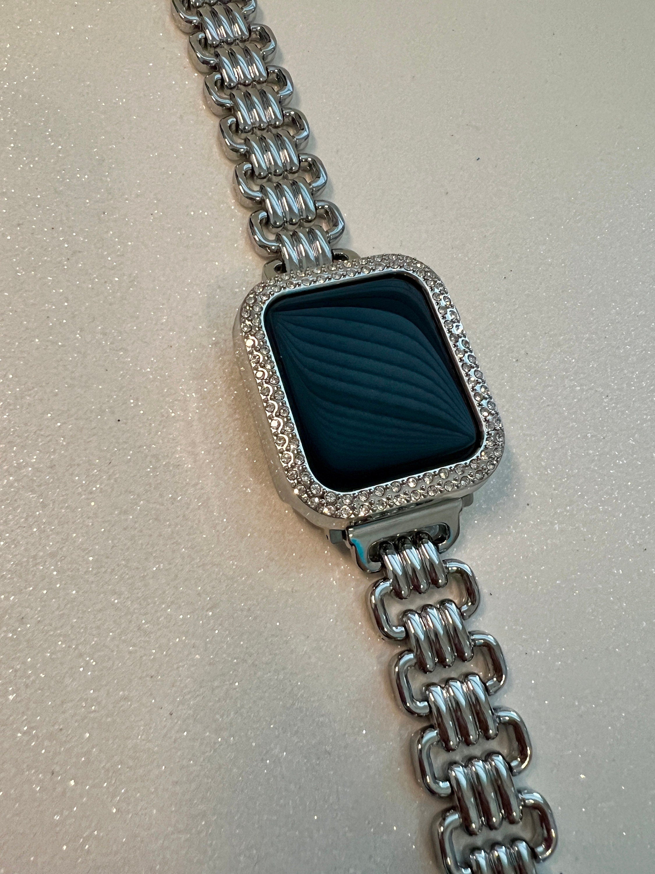 Silver Designer Apple Watch Band Link Bracelet Minimalist, Iphone Watch Band & or Apple Watch Case Crystal Bezel Iwatch Phone Cover Bling