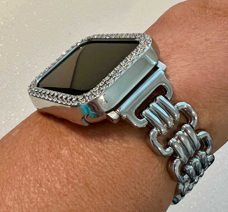 Silver Designer Apple Watch Band Link Bracelet Minimalist, Iphone Watch Band & or Apple Watch Case Crystal Bezel Iwatch Phone Cover Bling