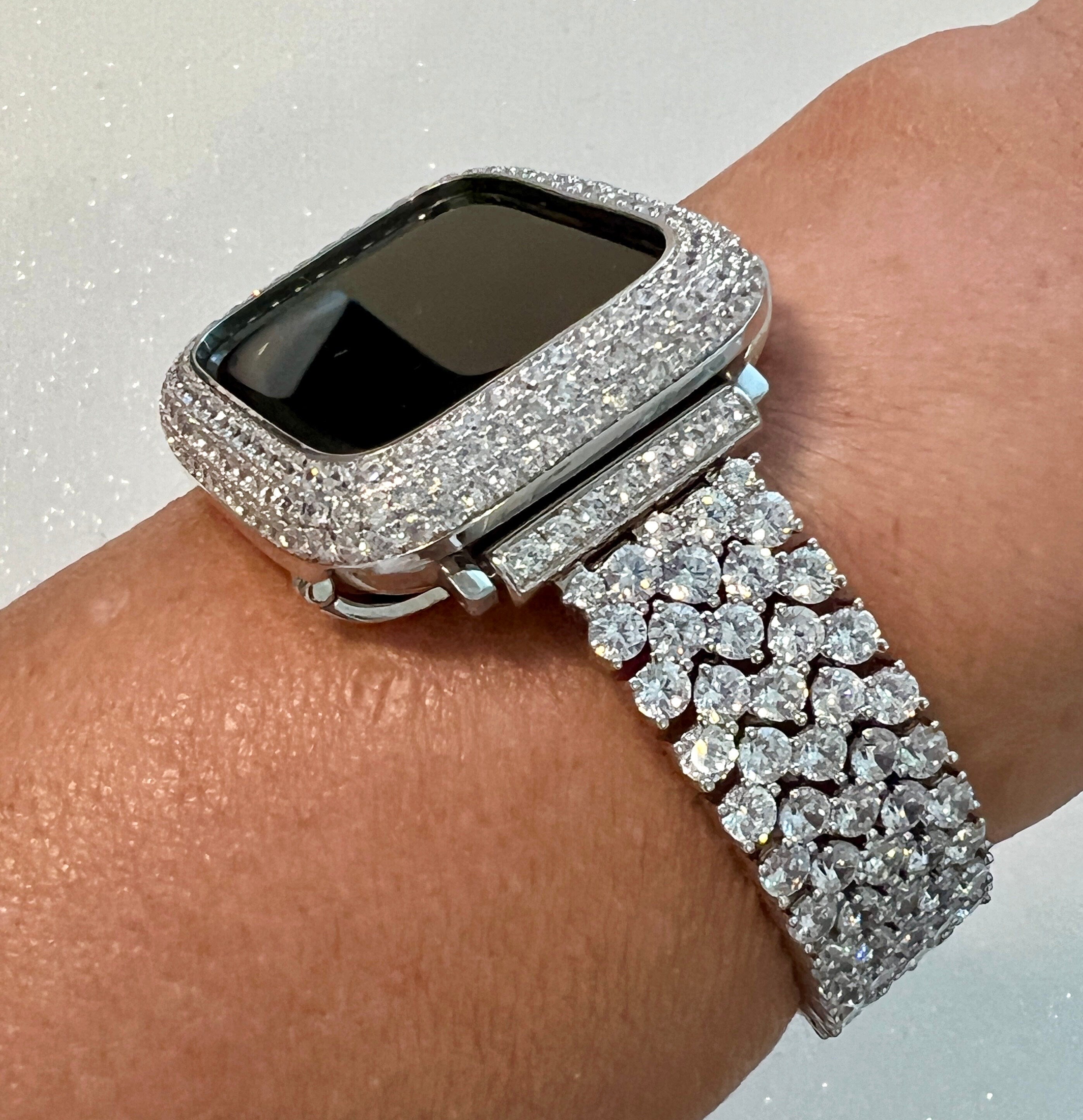 Luxury Designer Apple Watch Band Womens Silver Bracelet & or Apple Watch Case Lab Diamond Bezel Iphone Watch Cover Iwatch Candy Bling