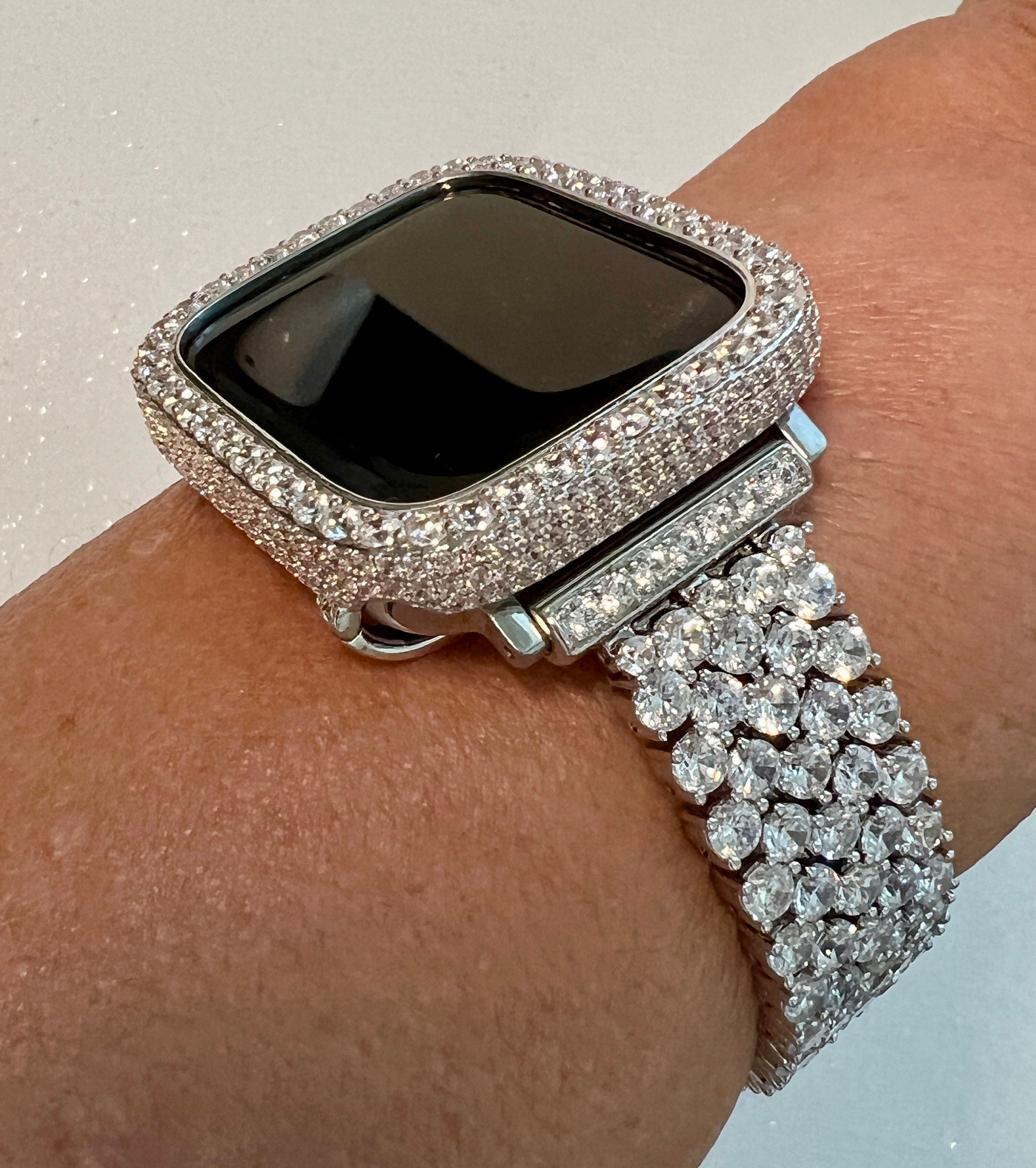 Designer High End Apple Watch Band Womens Silver Bracelet & or Apple Watch Case Lab Diamond Bezel Iphone Watch Cover Iwatch Candy Bling