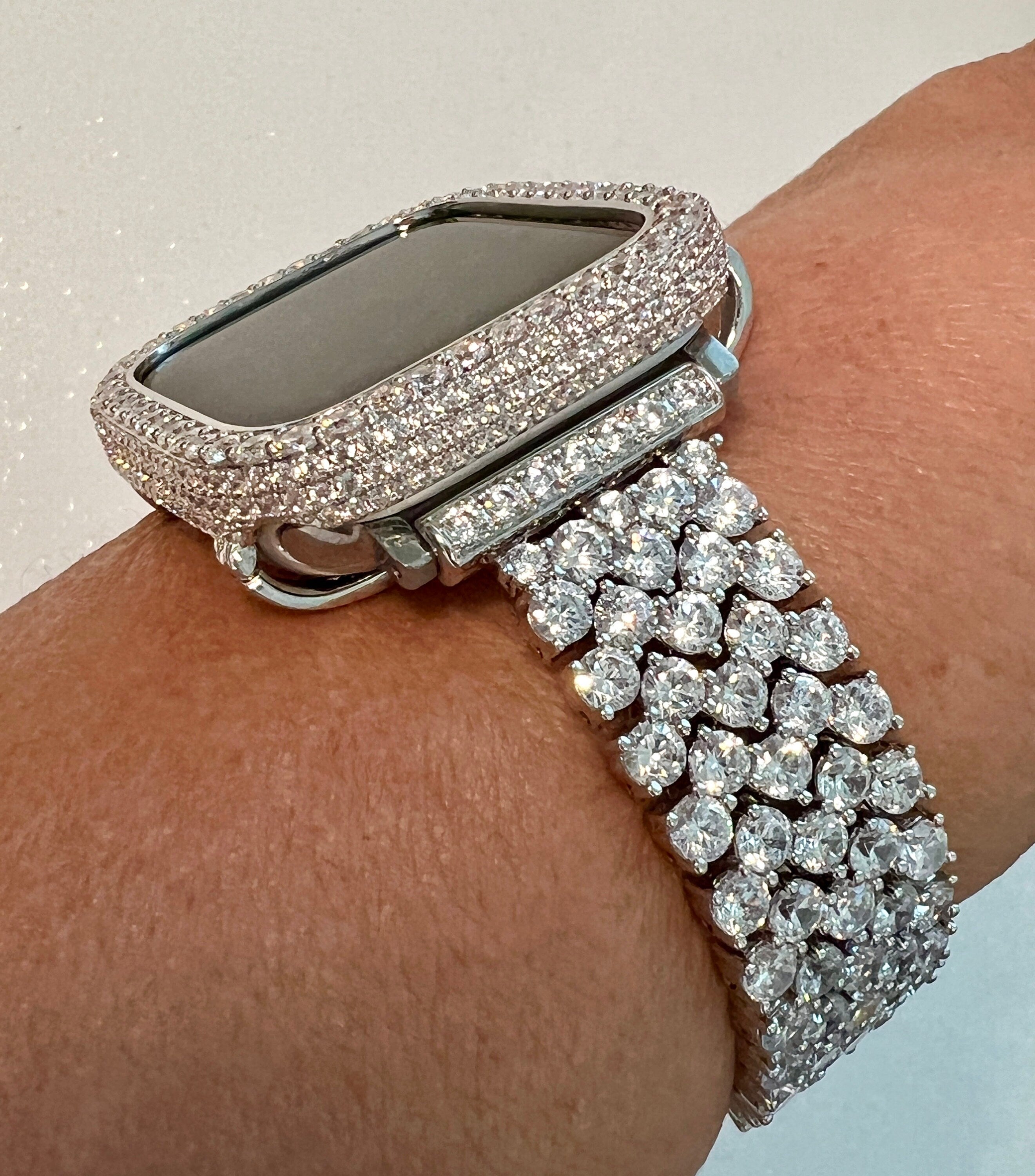 Designer High End Apple Watch Band Womens Silver Bracelet & or Apple Watch Case Lab Diamond Bezel Iphone Watch Cover Iwatch Candy Bling