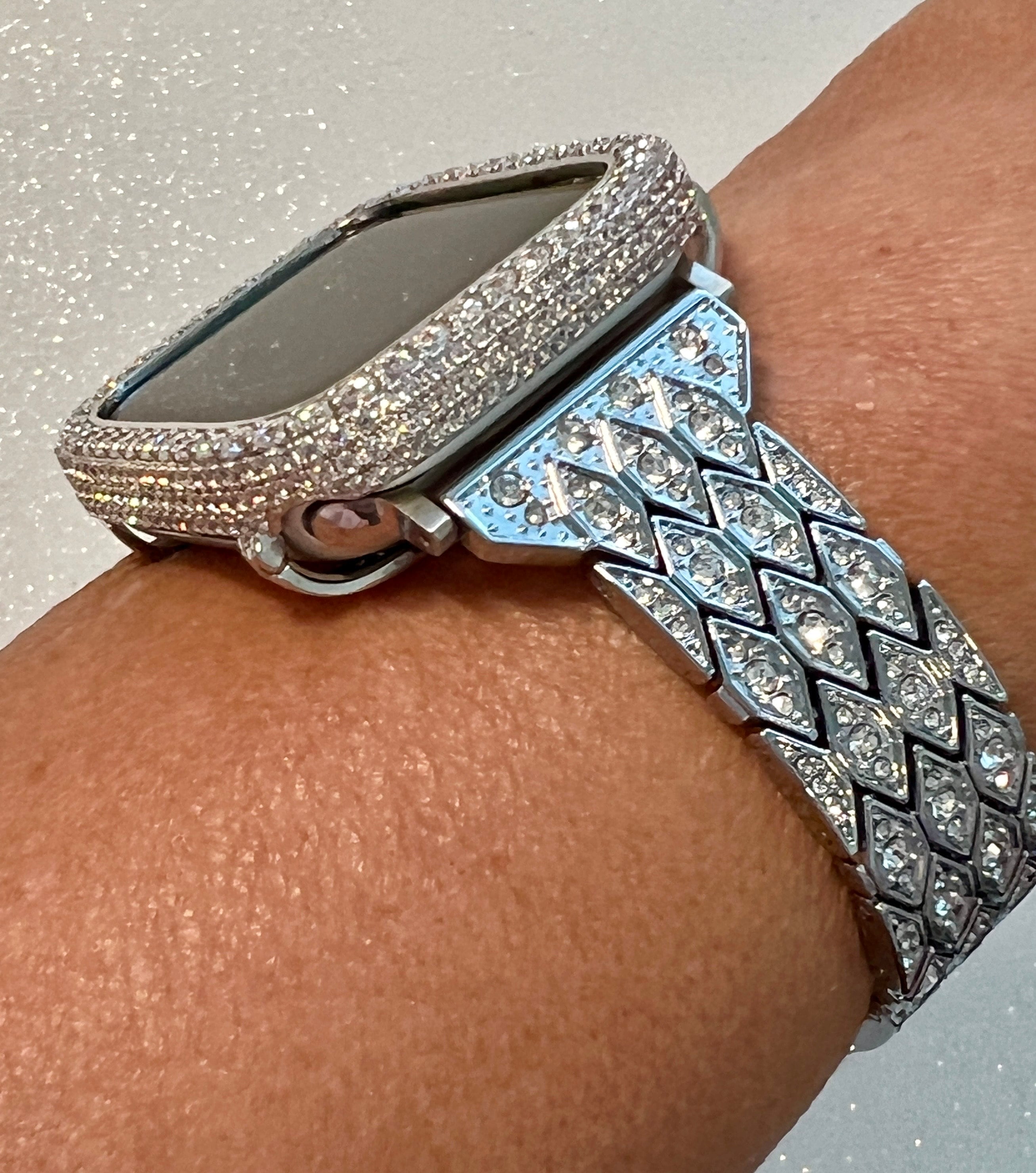 Pave Apple Watch Band Silver Swarovski Crystals 38mm-49mm Ultra & or Apple Watch Cover Lab Diamond Bezel Apple Watch Case Iphone Watch