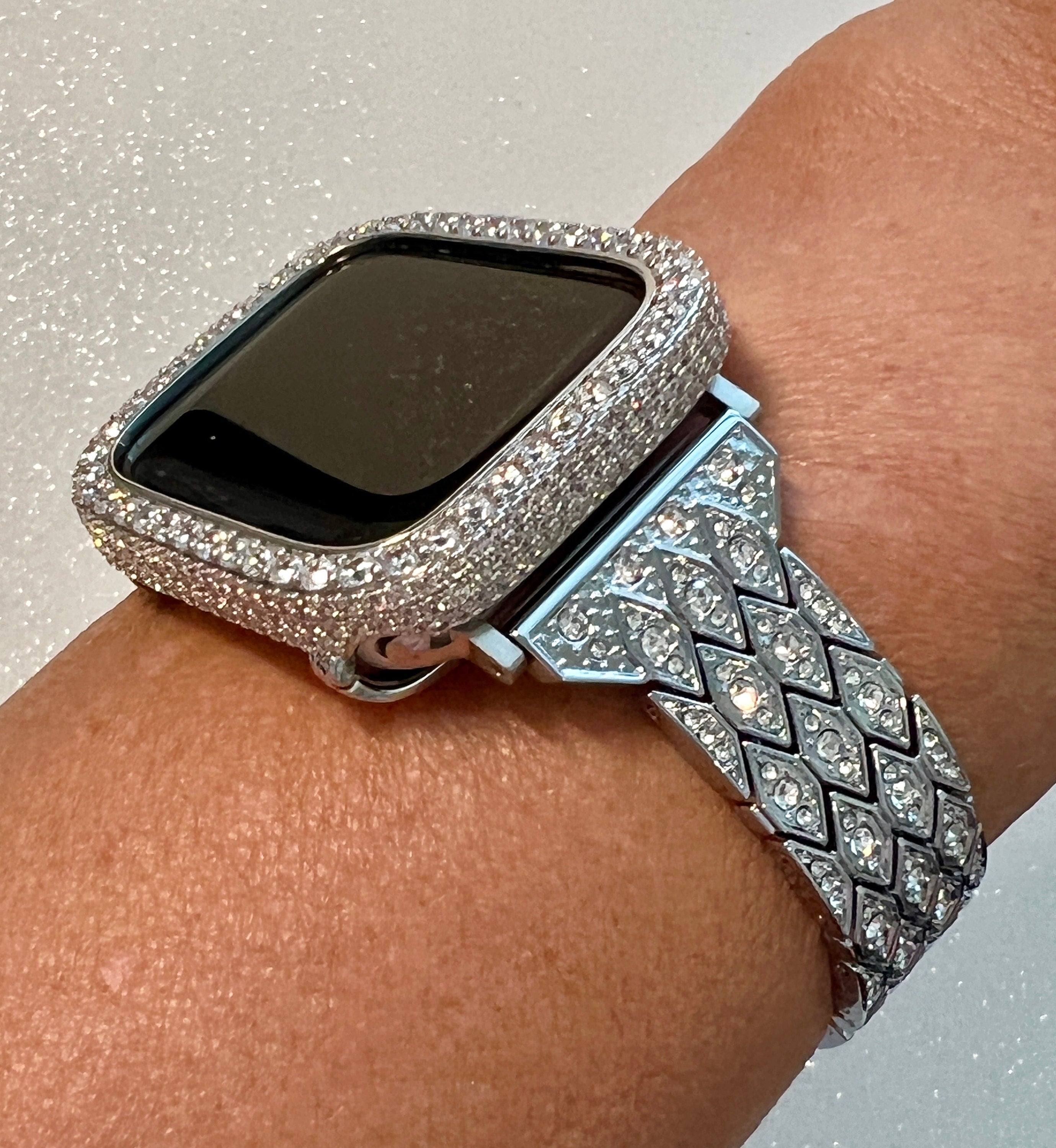 Pave Apple Watch Band Silver Swarovski Crystals 38mm-49mm Ultra & or Apple Watch Cover Lab Diamond Bezel Apple Watch Case Iphone Watch