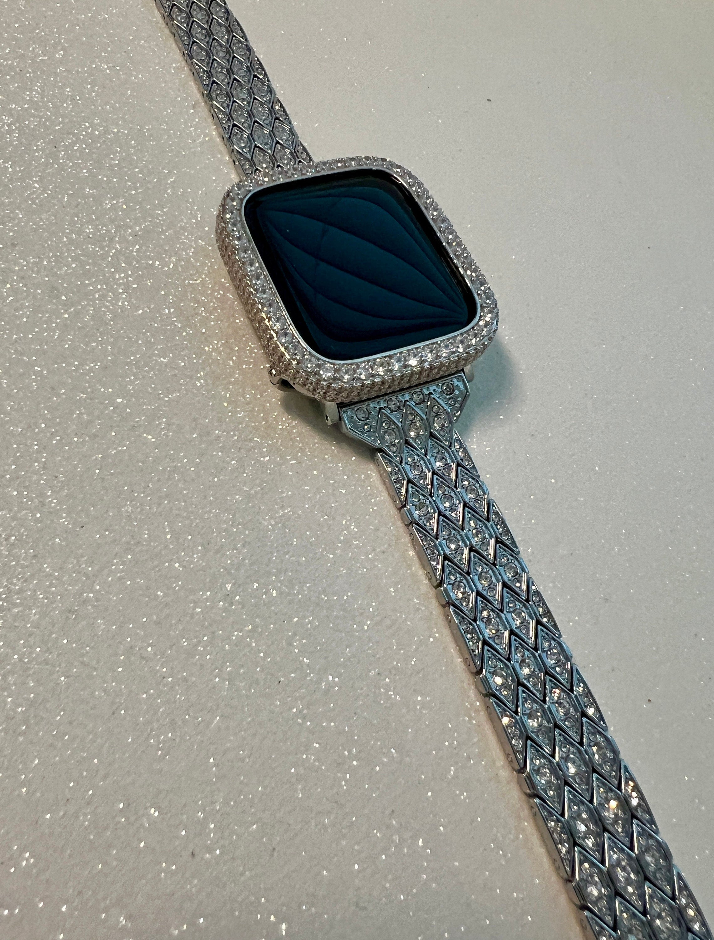 Pave Apple Watch Band Silver Swarovski Crystals 38mm-49mm Ultra & or Apple Watch Cover Lab Diamond Bezel Apple Watch Case Iphone Watch