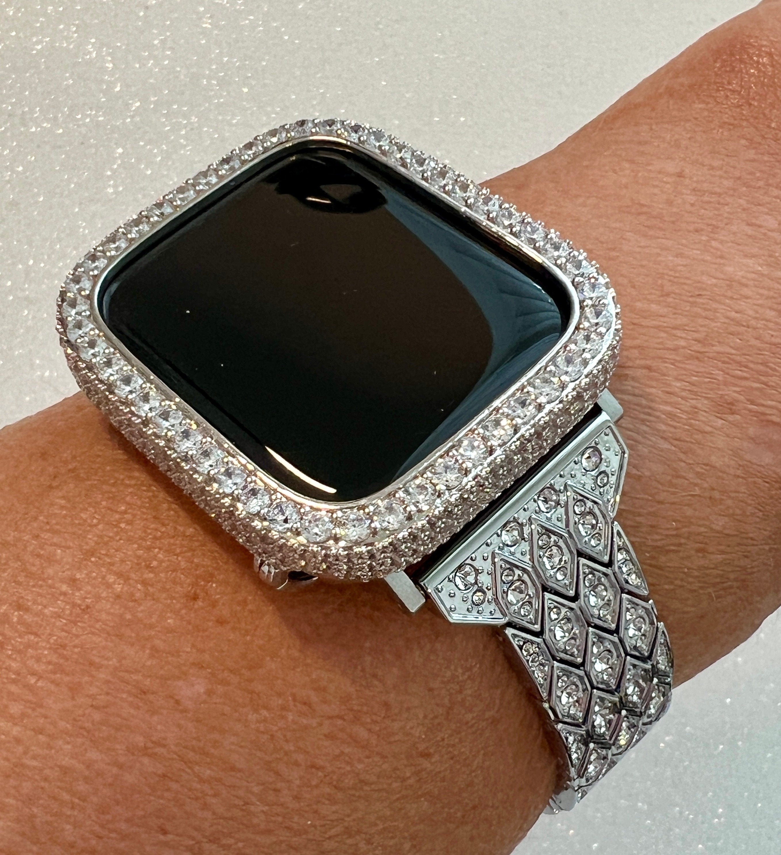 Pave Apple Watch Band Silver Swarovski Crystals 38mm-49mm Ultra & or Apple Watch Cover Lab Diamond Bezel Apple Watch Case Iphone Watch