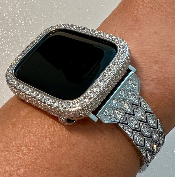 Pave Apple Watch Band Silver Crystals 38mm-49mm Ultra & or Apple Watch Cover Lab Diamond Bezel Apple Watch Case for Iphone Watch Bracelet