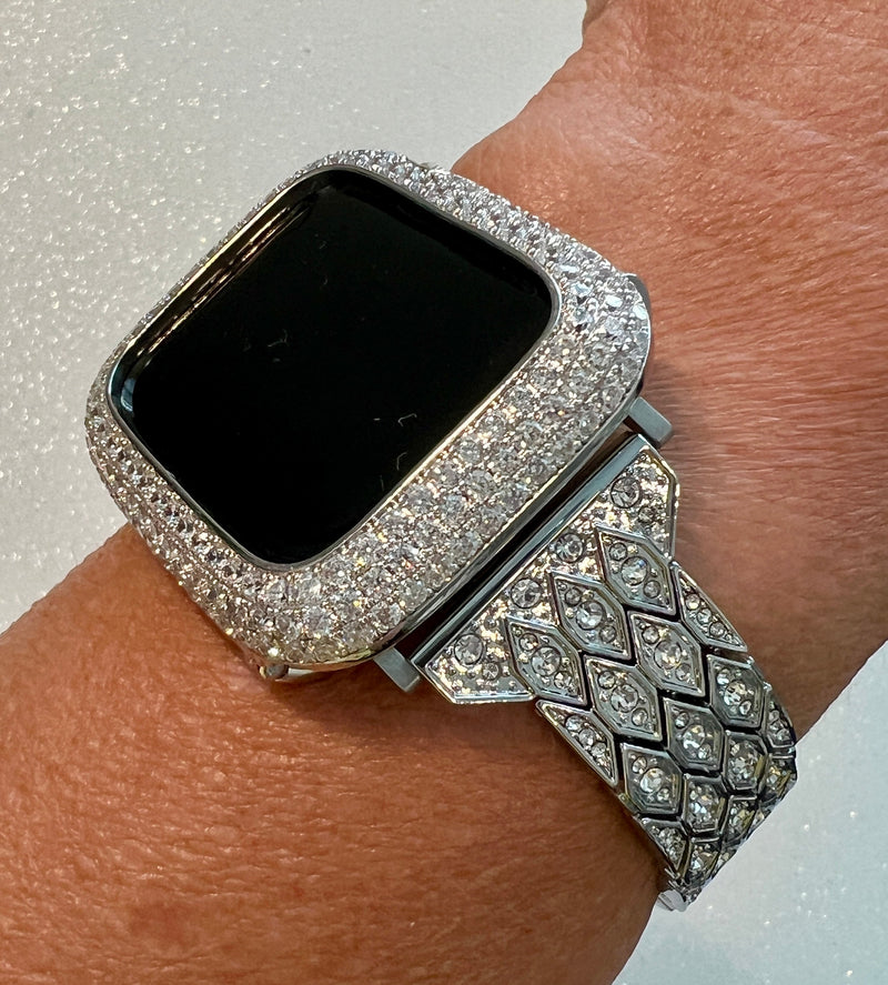 Silver Apple Watch Band Bracelet Womens Iphone Watch Band & or Apple Watch Case Lab Diamond Bezel Iwatch Cover Bling 38mm-49mm Ultra