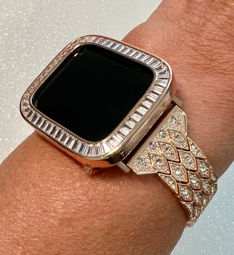 Luxury Apple Watch Band Womens Rose Gold, Iphone Watch Band Crystal & or Apple Watch Cover Baguette Lab Diamond Iwatch Case Bling