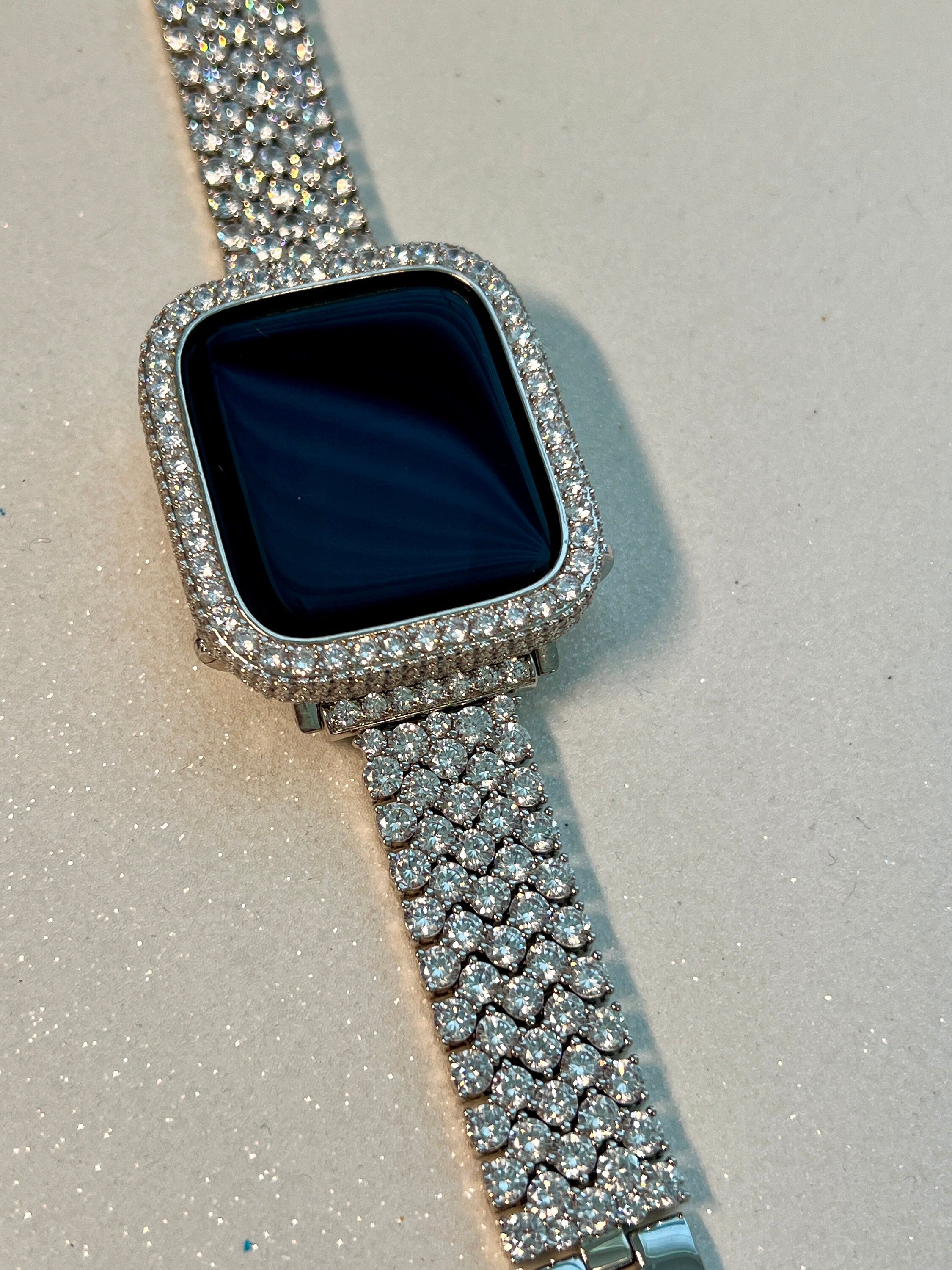 Designer High End Apple Watch Band Womens Silver Bracelet & or Apple Watch Case Lab Diamond Bezel Iphone Watch Cover Iwatch Candy Bling