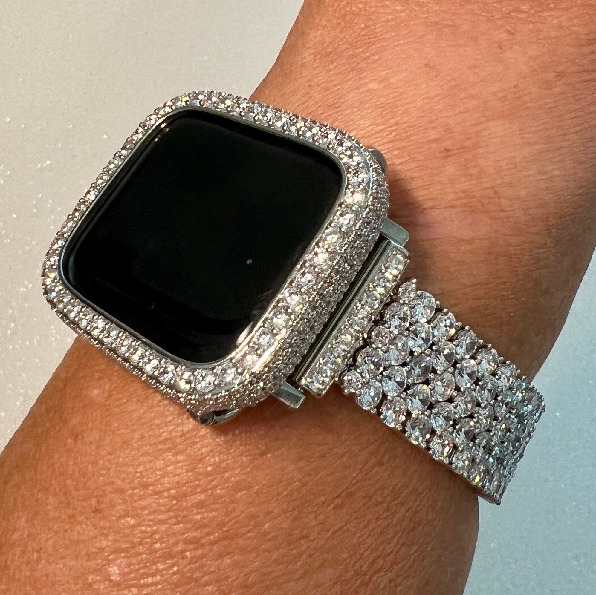 Designer High End Apple Watch Band Womens Silver Bracelet & or Apple Watch Case Lab Diamond Bezel Iphone Watch Cover Iwatch Candy Bling