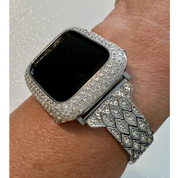 Silver Apple Watch Band Bracelet Womens Iphone Watch Band & or Apple Watch Case Lab Diamond Bezel Iwatch Cover Bling 38mm-49mm Ultra