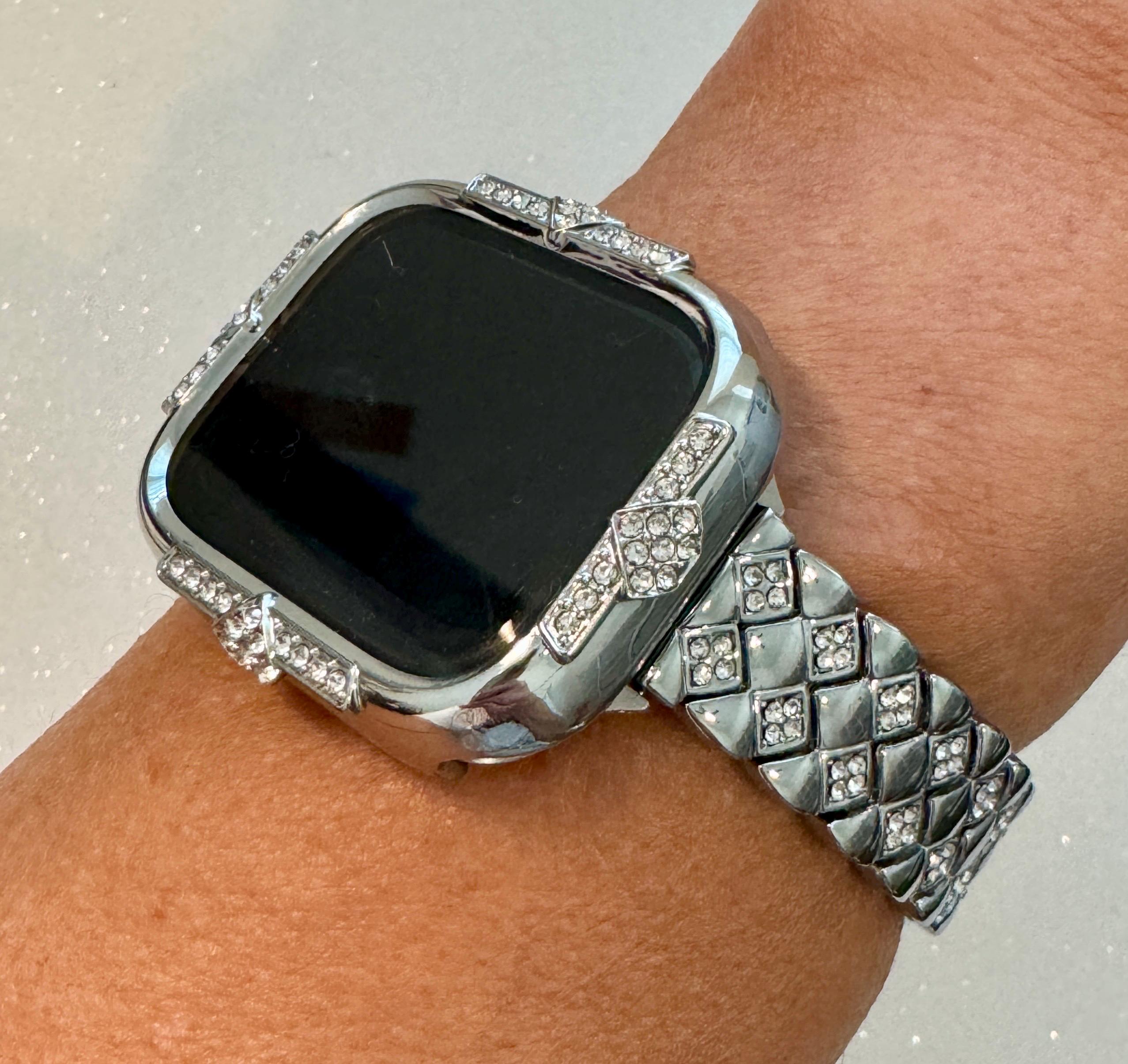 Silver Apple Watch Band Womens Bracelet Swarovski Crystals & or Apple Watch Case Swarovski Crystals for Iphone Watch Cover Tempered Glass