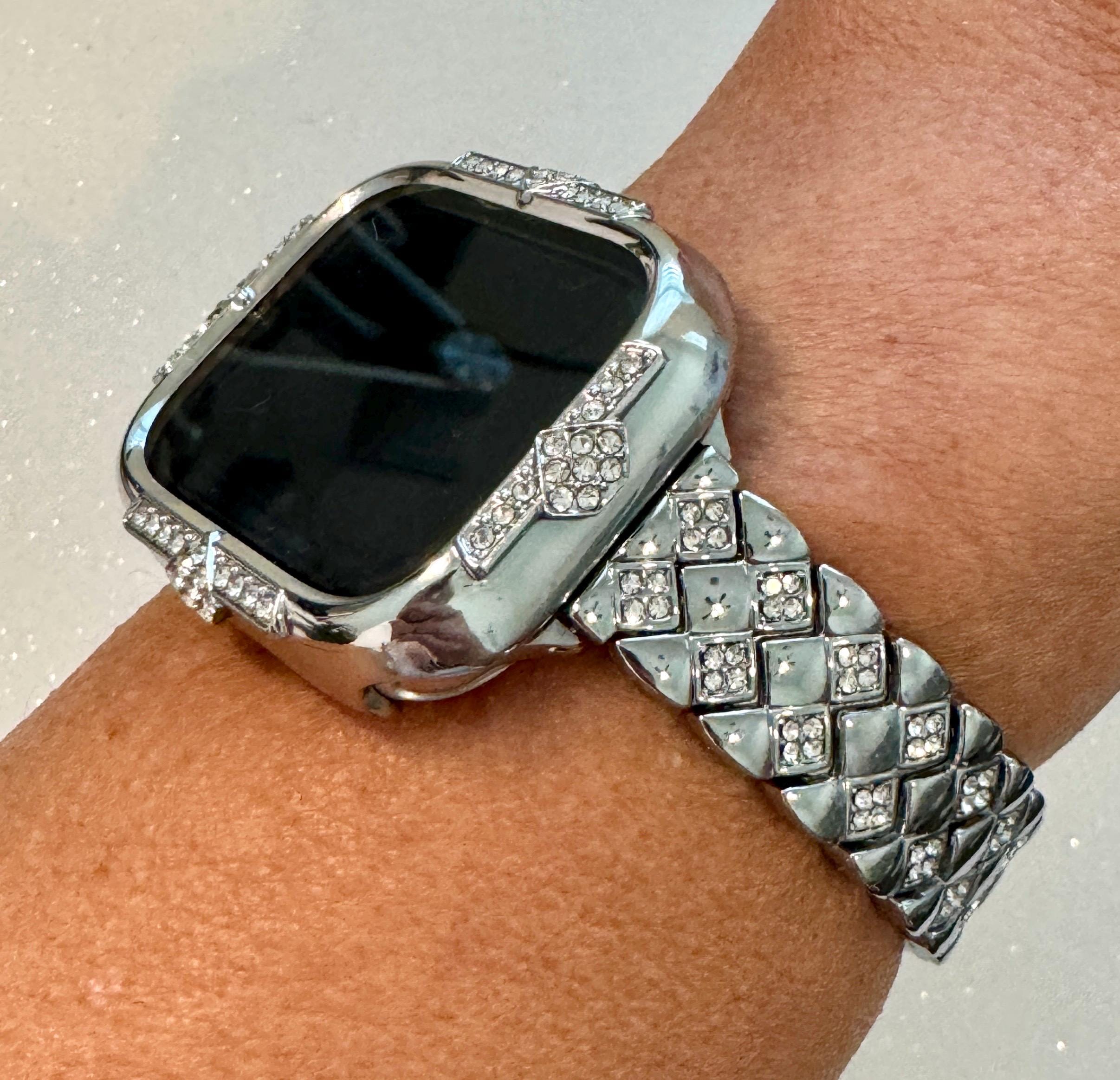 Silver Apple Watch Band Womens Bracelet Swarovski Crystals & or Apple Watch Case Swarovski Crystals for Iphone Watch Cover Tempered Glass