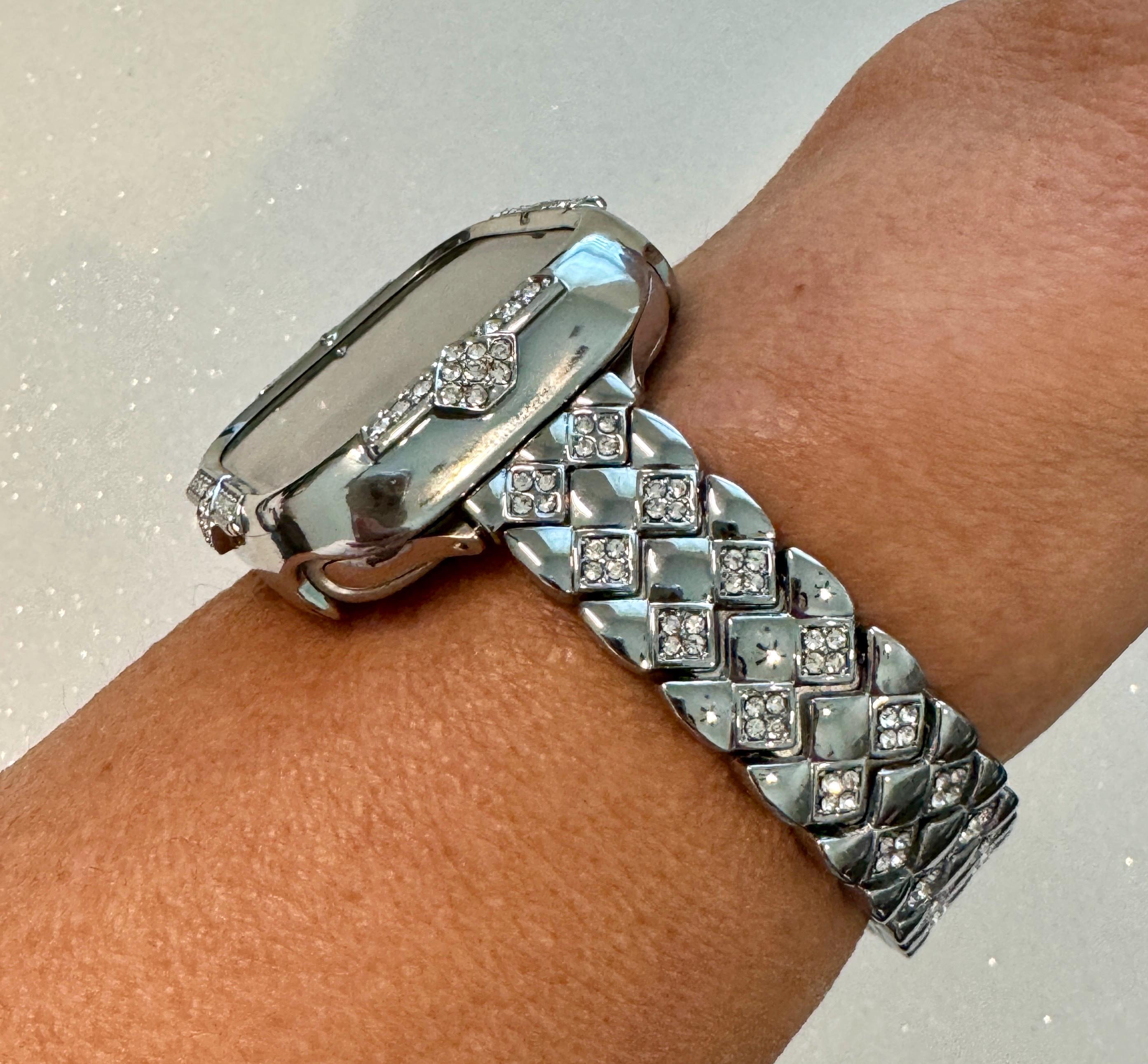 Silver Apple Watch Band Womens Bracelet Swarovski Crystals & or Apple Watch Case Swarovski Crystals for Iphone Watch Cover Tempered Glass