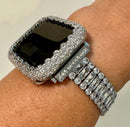 White Gold Apple Watch Band Womens Swarovski Crystals & or Silver Lab Diamond Apple Watch Bezel Cover 38mm-45mm 49mm Ultra Series 1-9 SE