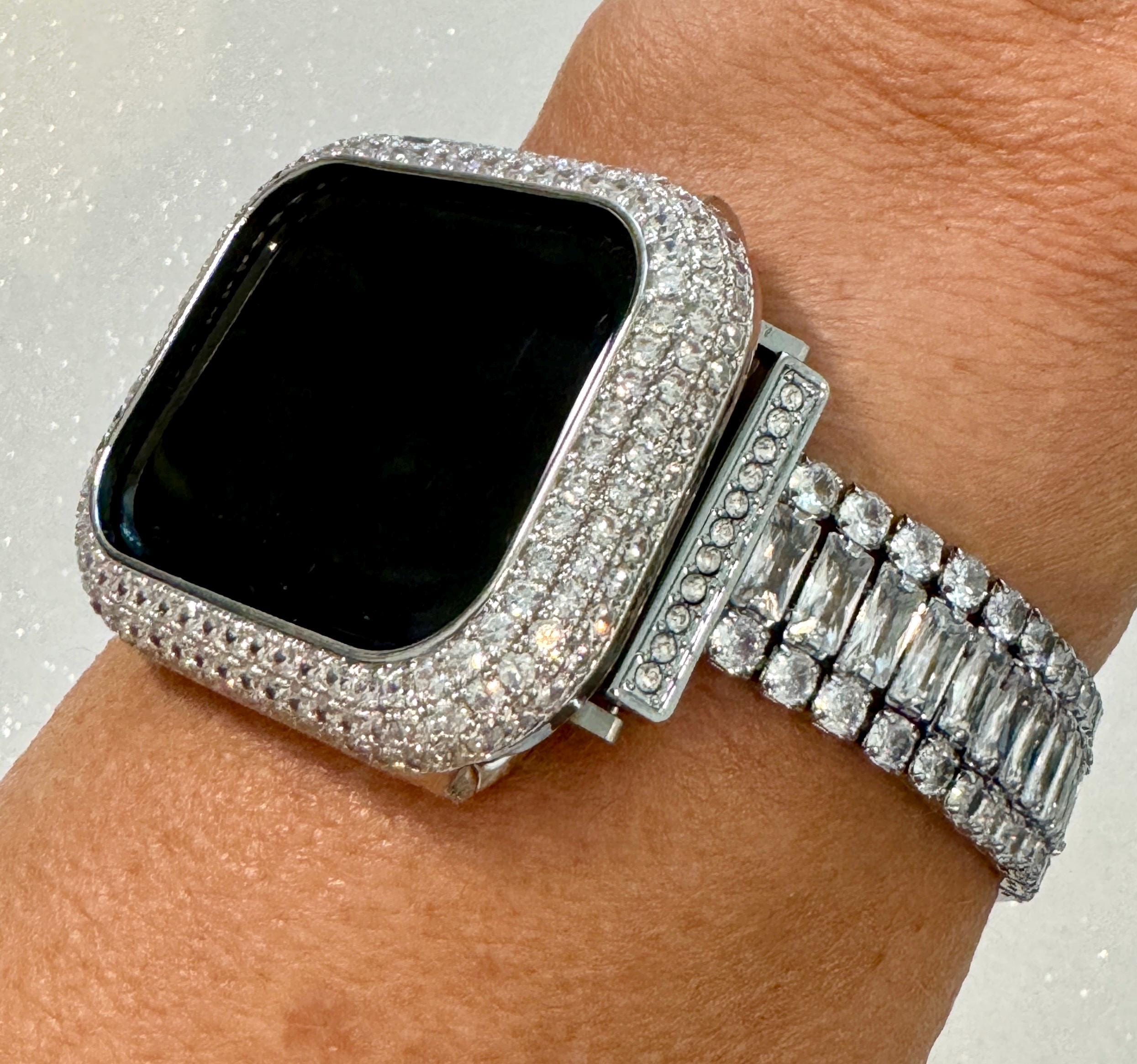 14k White Gold Plated Apple Watch Band Womens Silver Swarovski Crystals & or Apple Watch Case Lab Diamond Bezel Iphone Watch 38mm-49mm Ultra