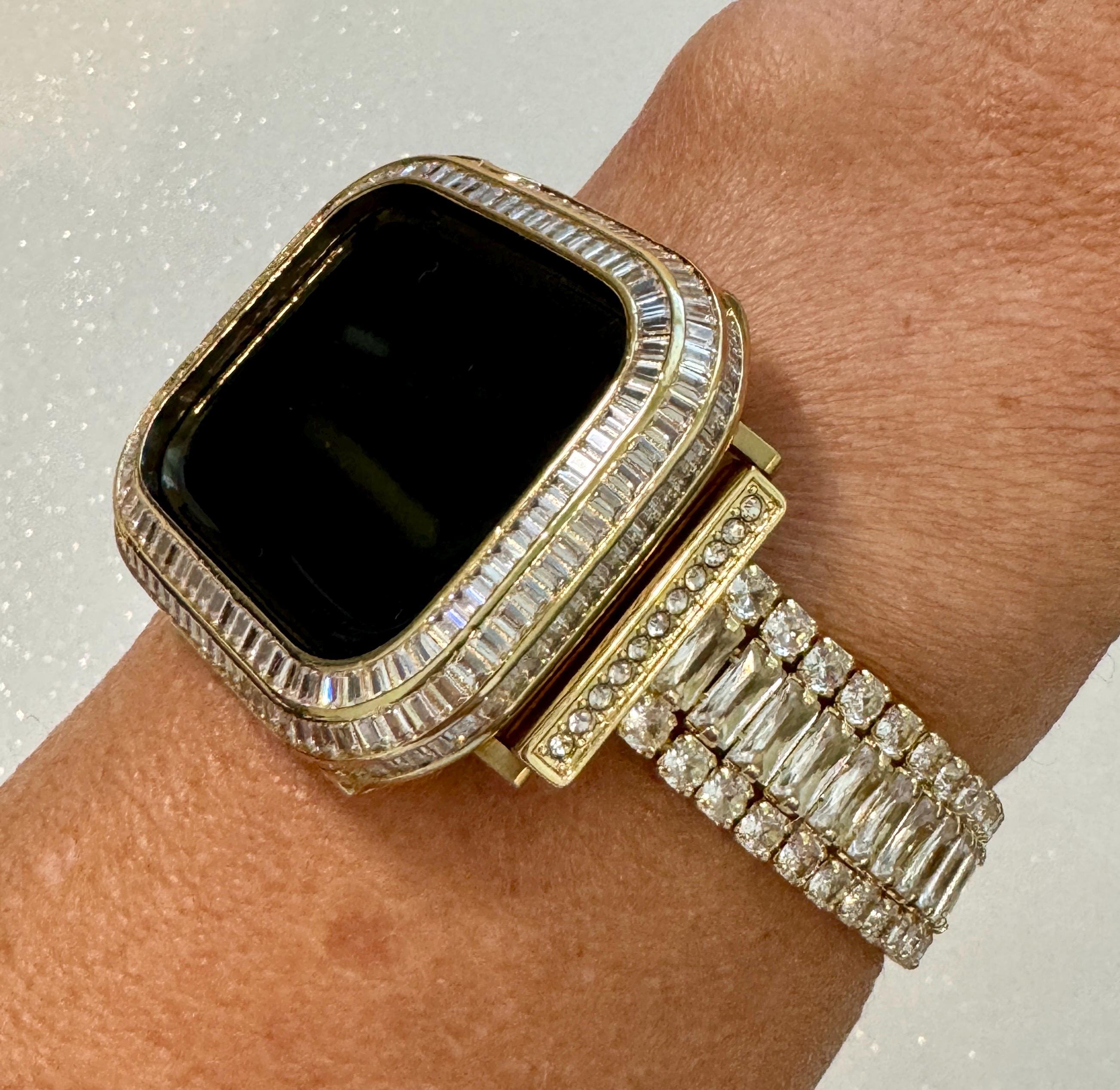 14k Yellow Gold Plated Apple Watch Band Womens Swarovski Crystal & or Apple Watch Case Lab Diamond Bezel for Iphone Watch Cover Iwatch Candy