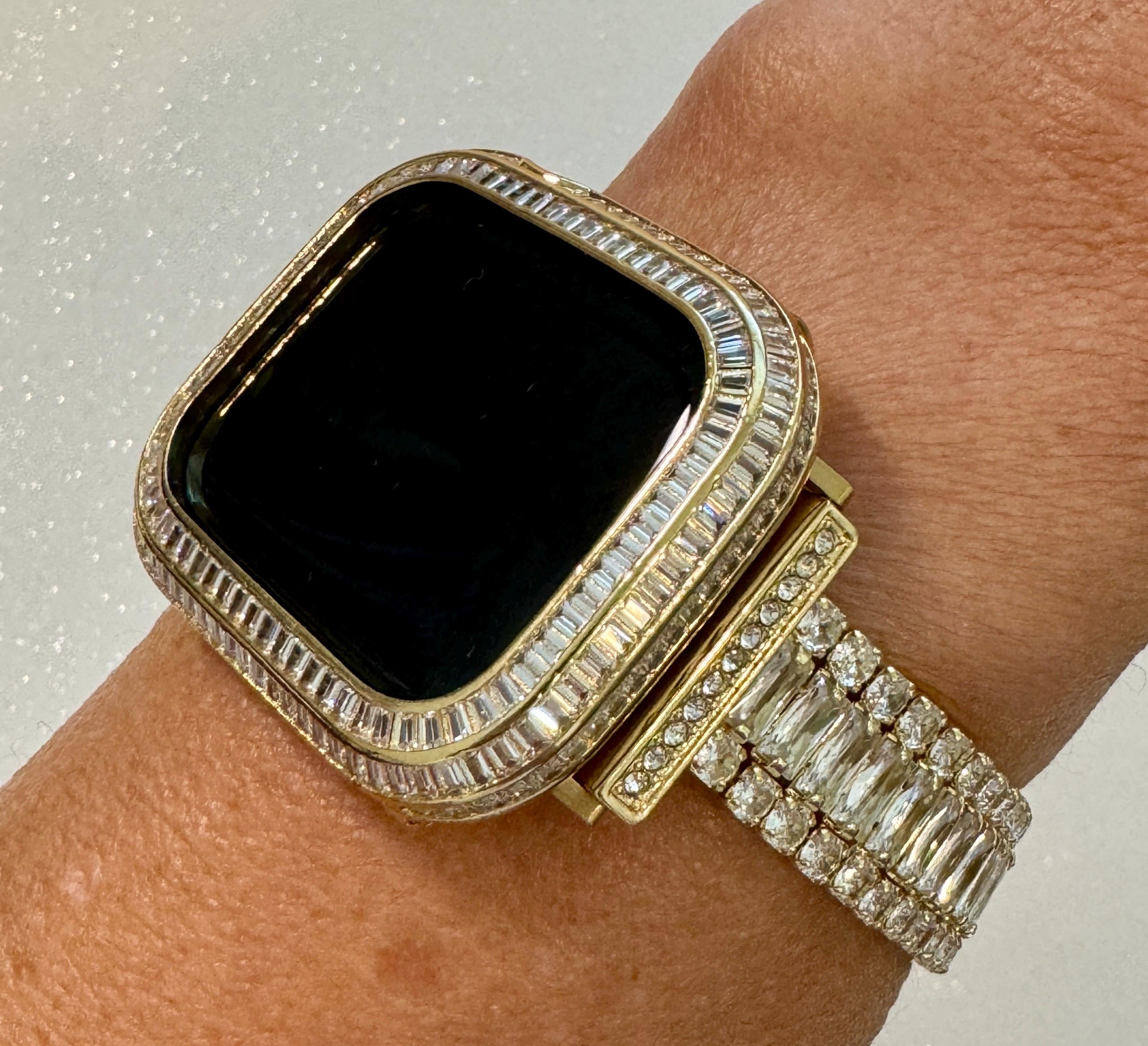 14k Yellow Gold Plated Apple Watch Band Womens Swarovski Crystal & or Apple Watch Case Lab Diamond Bezel for Iphone Watch Cover Iwatch Candy