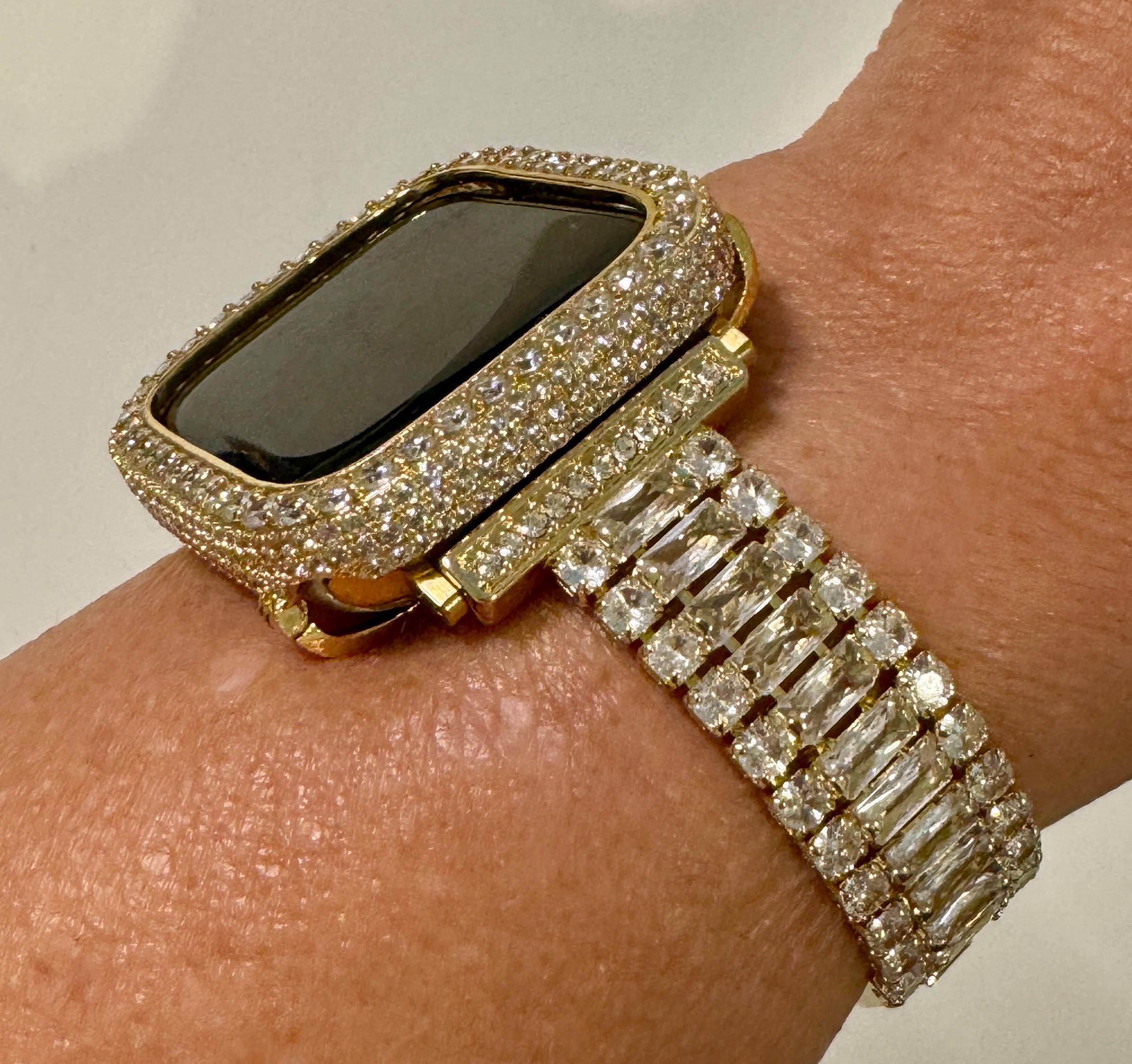 Apple Watch Band Womens Swarovski Crystals 14k Yellow Gold PL & or Apple Watch Case Lab Diamond Bezel for Iphone Watch Cover Iwatch Candy