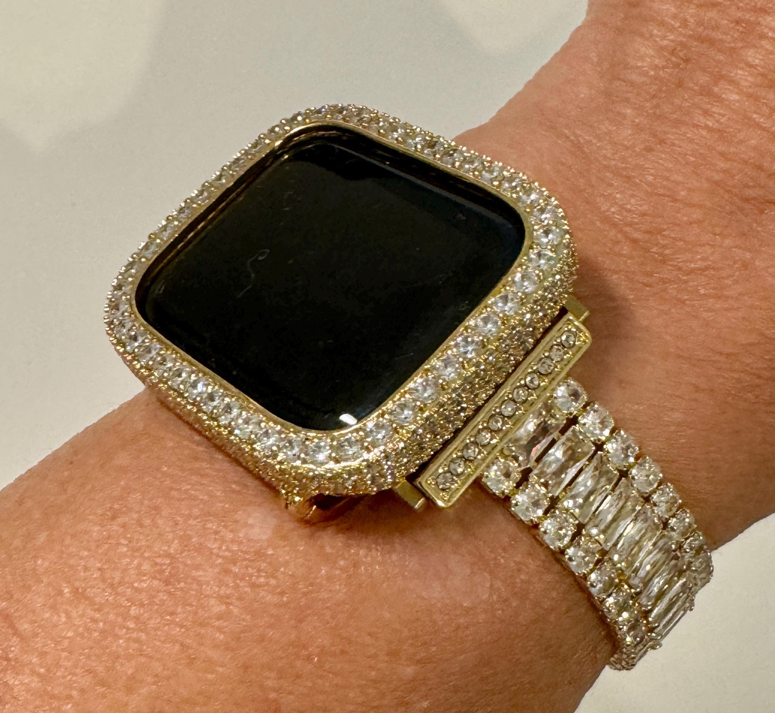 Apple Watch Band Womens Swarovski Crystals 14k Yellow Gold PL & or Apple Watch Case Lab Diamond Bezel for Iphone Watch Cover Iwatch Candy