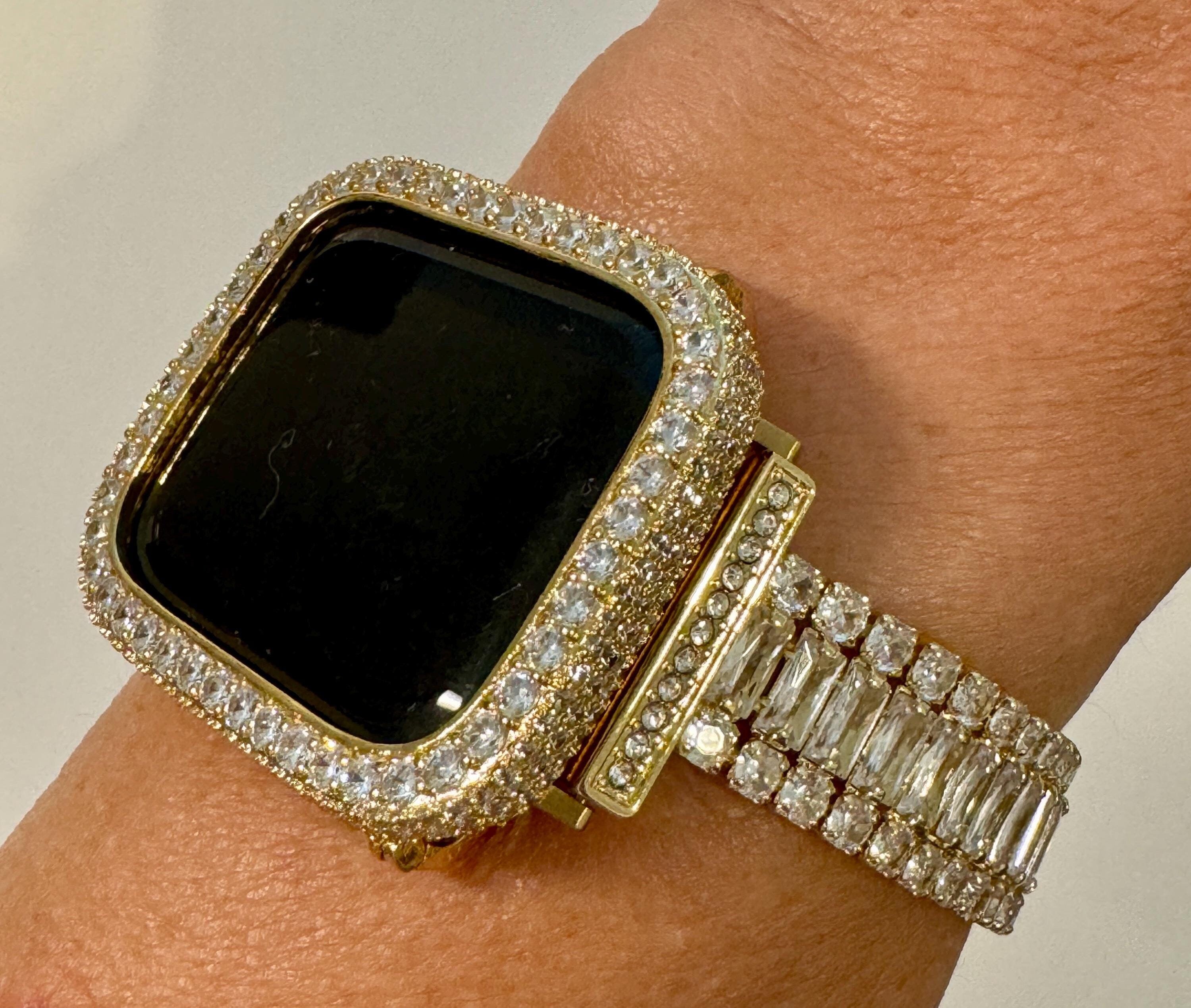 Yellow Gold Apple Watch Band Swarovski Crystals and or Apple Watch Cover with Lab Diamonds in 14k gold plating sizes 38mm-49mm