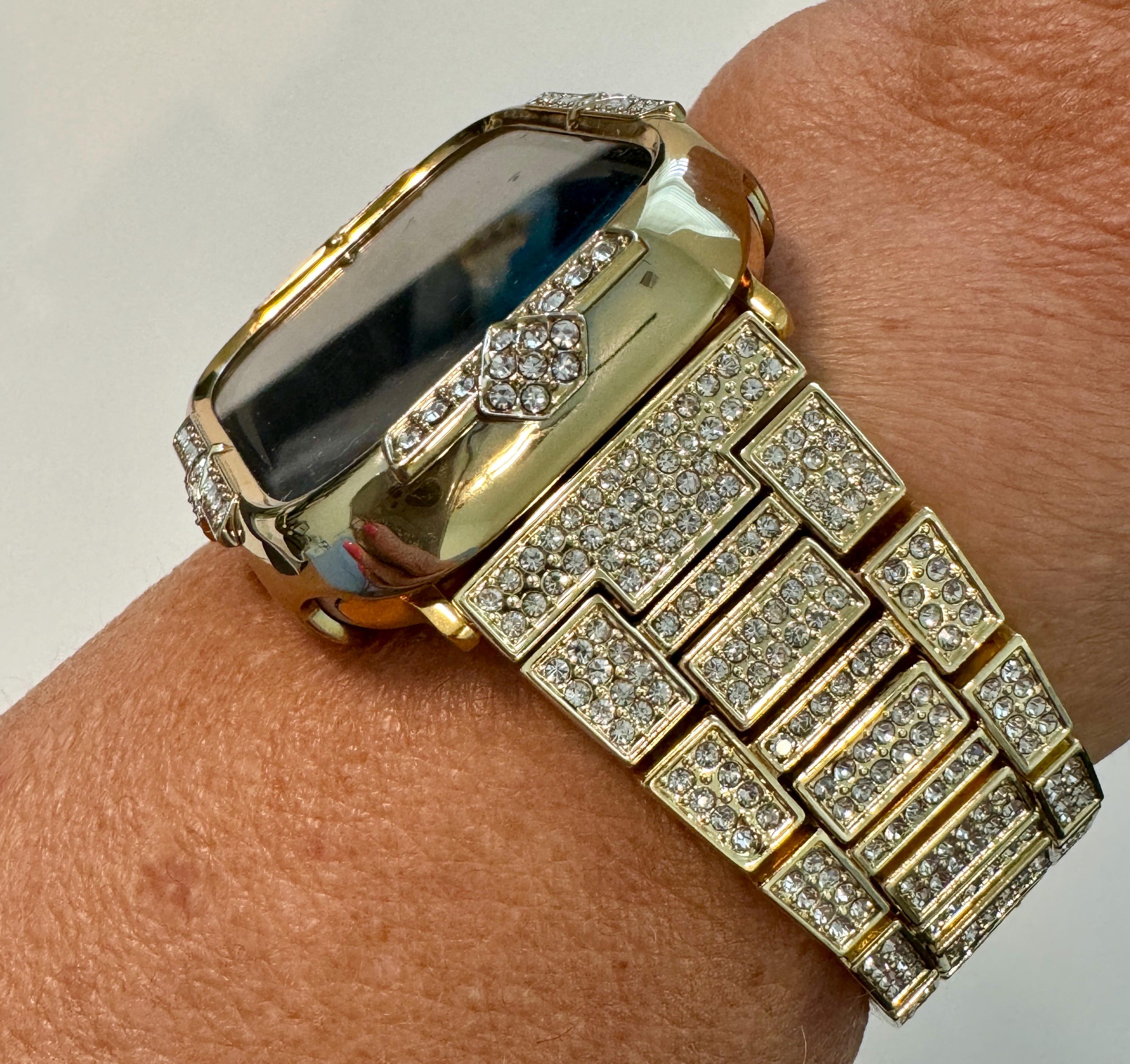 Yellow Gold Apple Watch Band Womens Swarovski Crystals 41mm 45mm & or Apple Watch Case Swarovski Crystals 40mm 44mm Screen Protector Bling