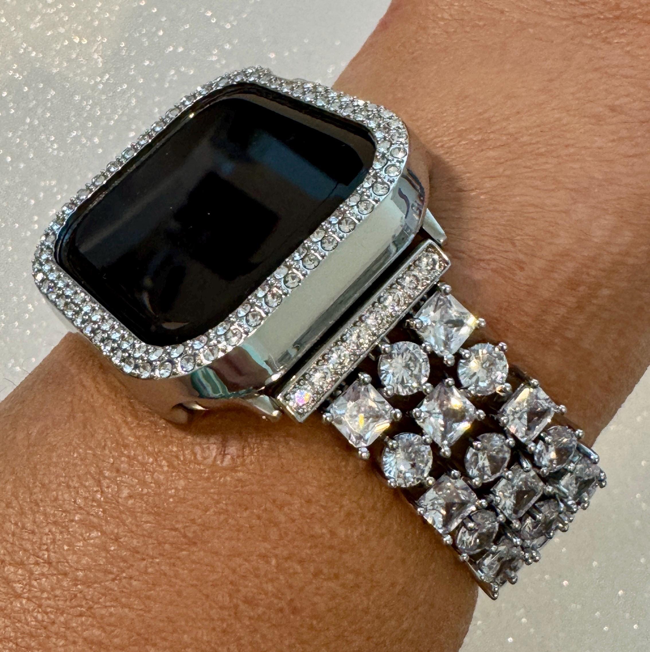 Series 10 Apple Watch Band Woman Silver and or Apple Watch Cover Lab Diamond Bezel Bling 38mm 40mm 41mm42mm 44mm 45mm 46mm 49mm Ultra