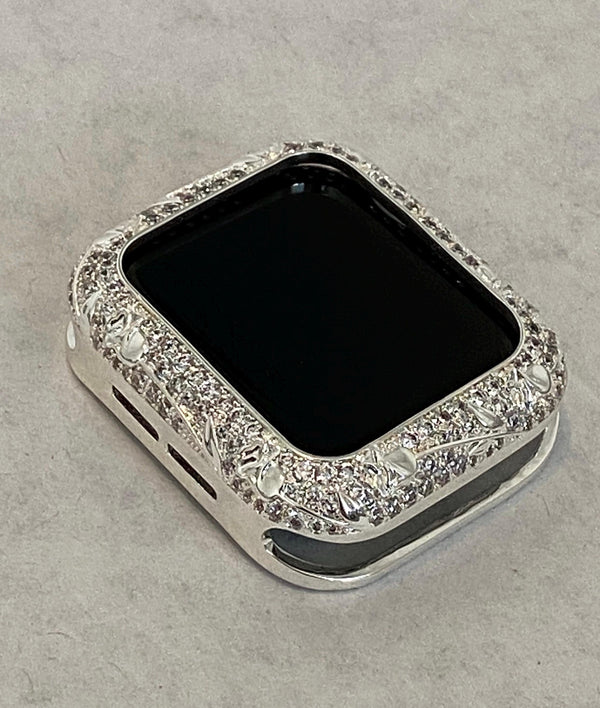 Swarovski Crystal Apple Watch Cover Silver, Apple Watch Case Floral Smartwatch Bumper Bling 38mm 40mm 41mm 42mm 44mm 45mm Series 2-9 Gift