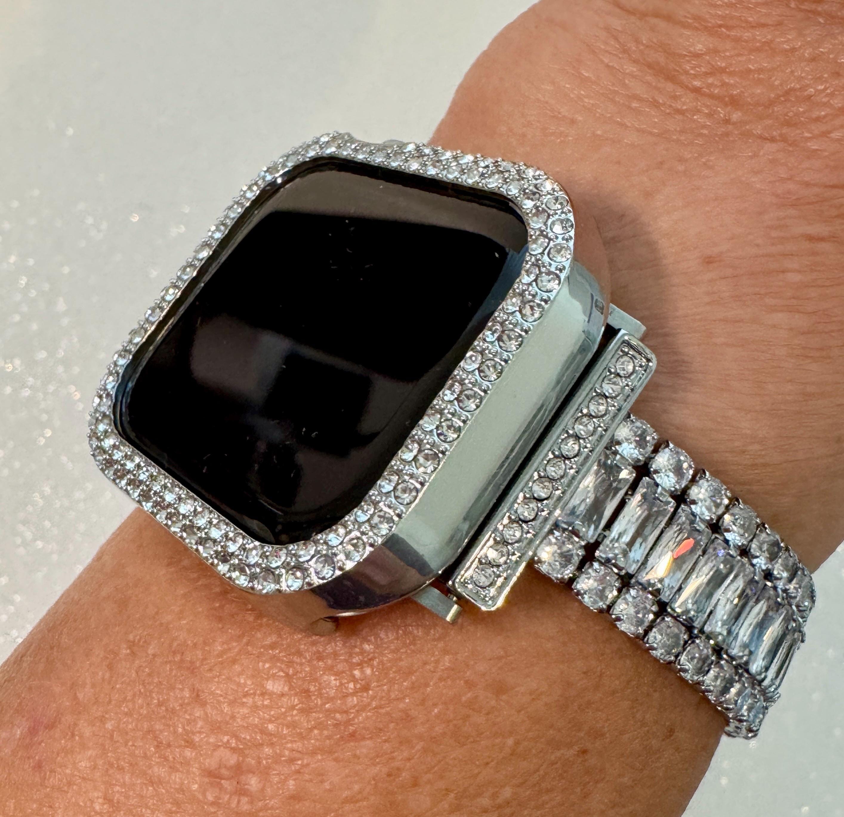 42mm 46mm Apple Watch Band Series 10 Womens Silver Swarovski Crystals & or Apple Watch Case Lab Diamond Bezel Iphone Watch 38mm-49mm Ultra