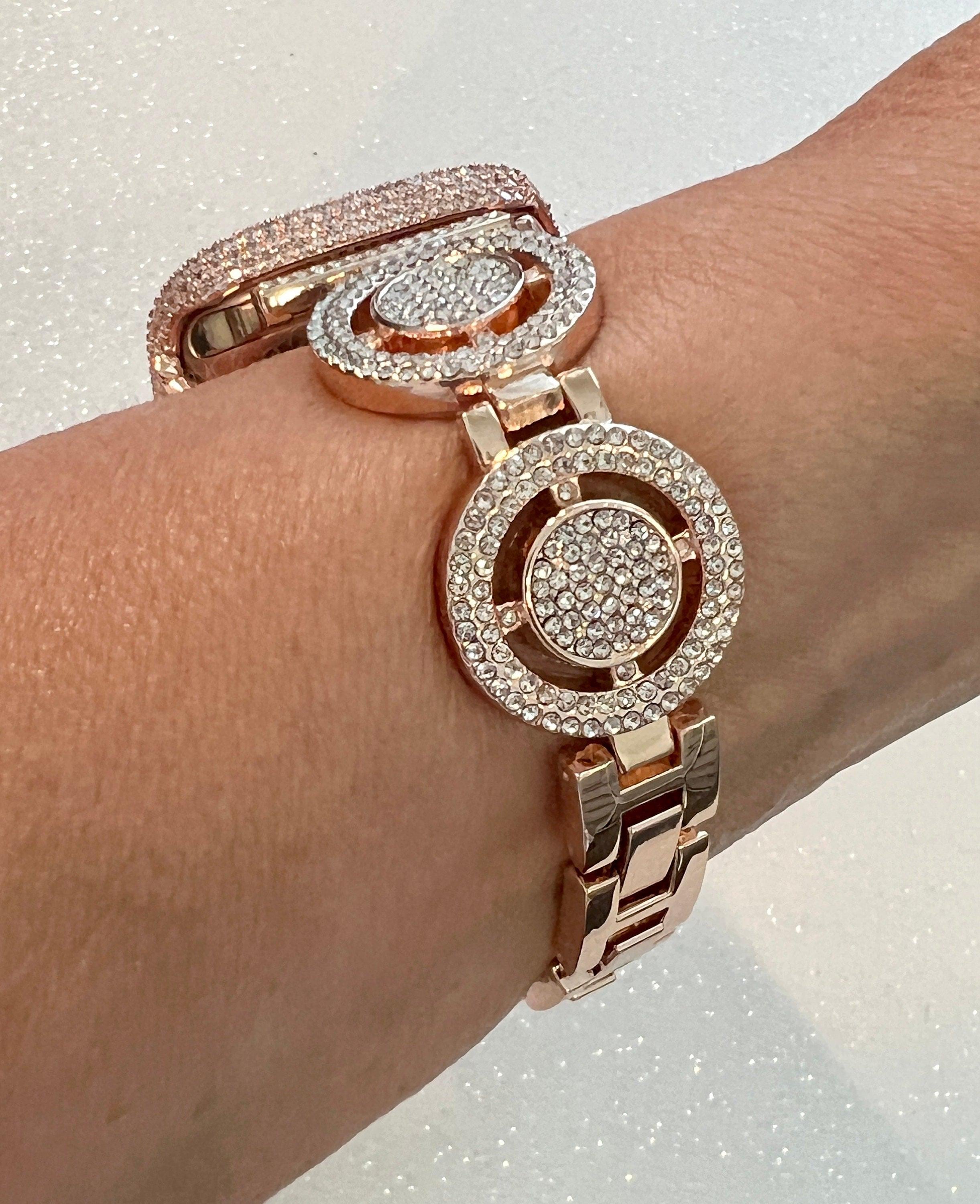 Pave Rose Gold Apple Watch Band Womens Swarovski Crystals 38-49mm & or Apple Watch Cover Lab Diamond Bezel Iphone Watch Case Iwatch Candy