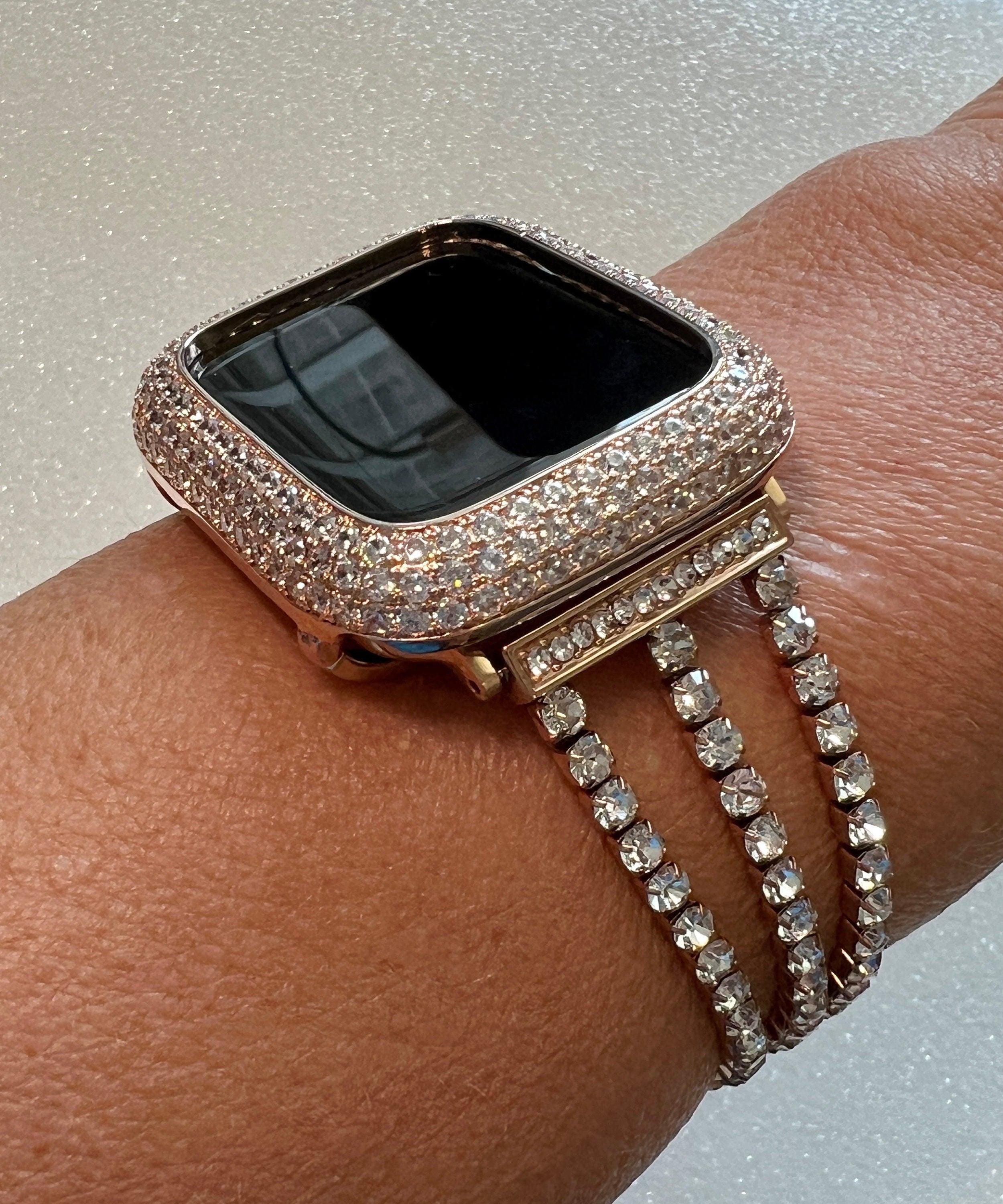 Fancy Apple Watch Band Womens Rose Gold with 3 Strands of Swarovski Crystals and or Pave Apple Watch Cover with Lab Diamonds comes in all apple watch sizes 38mm-49mm Ultra from Iwatch Candy