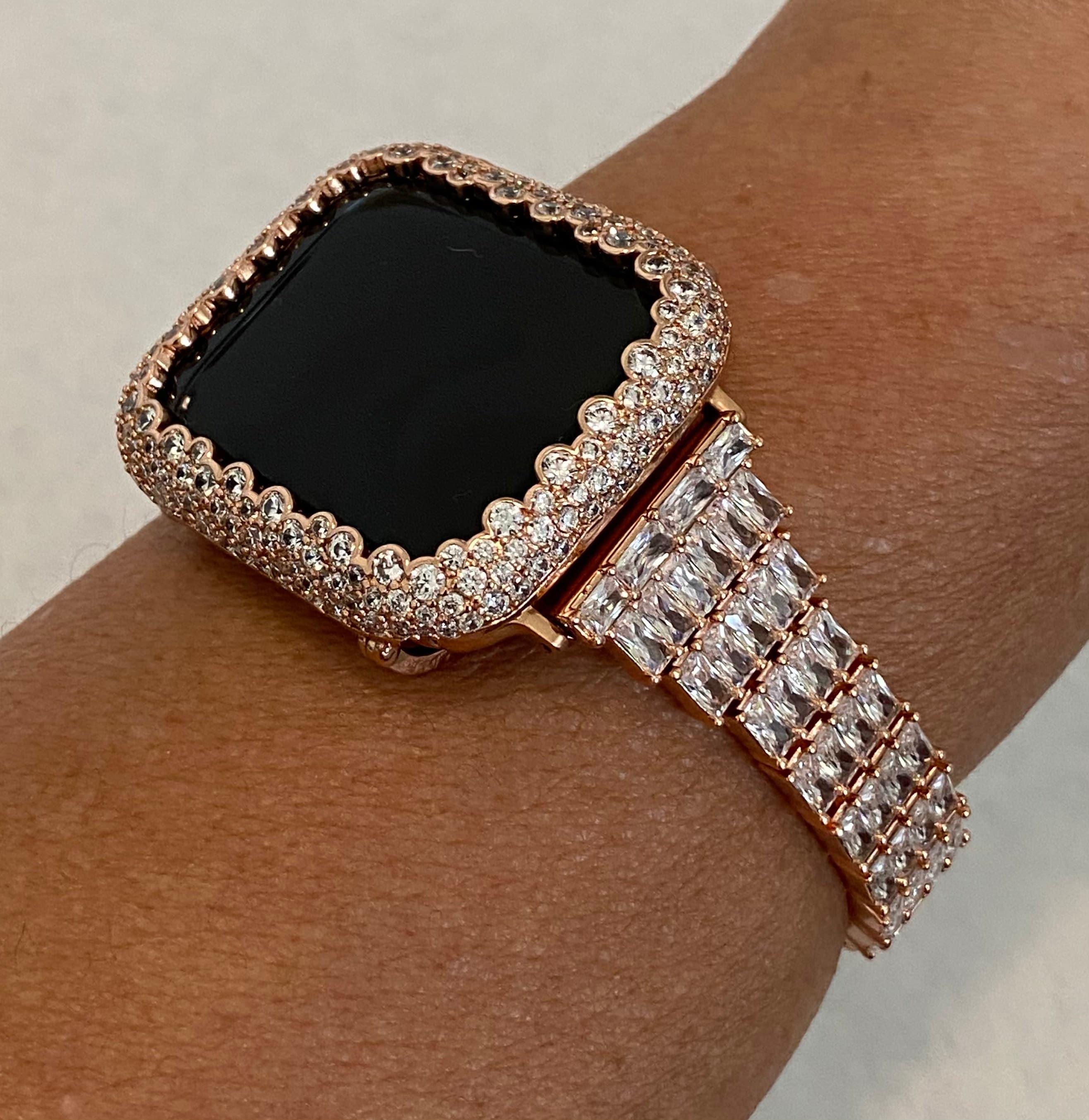 Rose Gold Apple Watch Band 38,40,41,42,44,45,49mm Ultra Crystals & or Apple Watch Cover Lab Diamond Bezel Case Iwatch Candy Bling