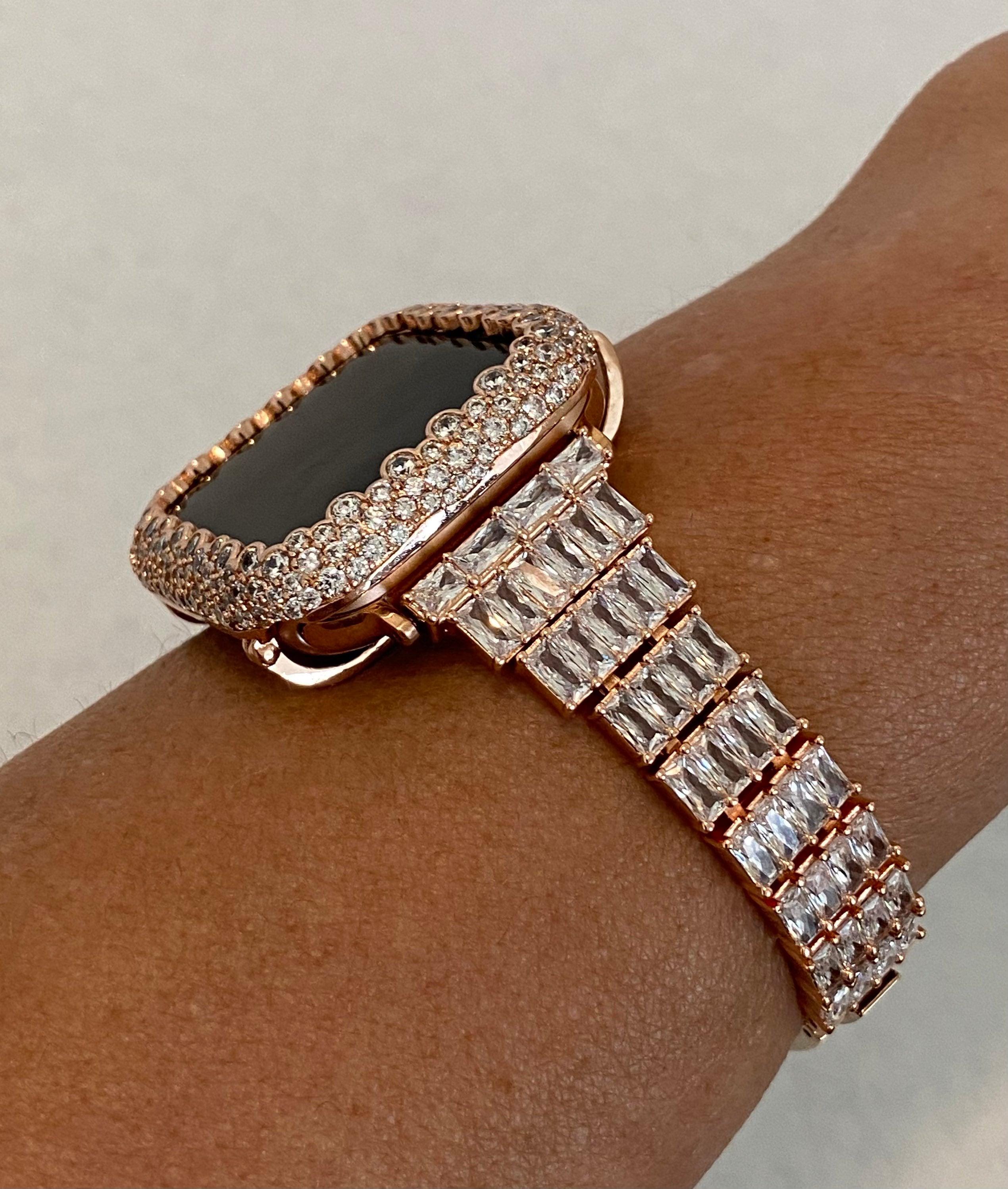 Rose Gold Apple Watch Band 38,40,41,42,44,45,49mm Ultra Crystals & or Apple Watch Cover Lab Diamond Bezel Case Iwatch Candy Bling