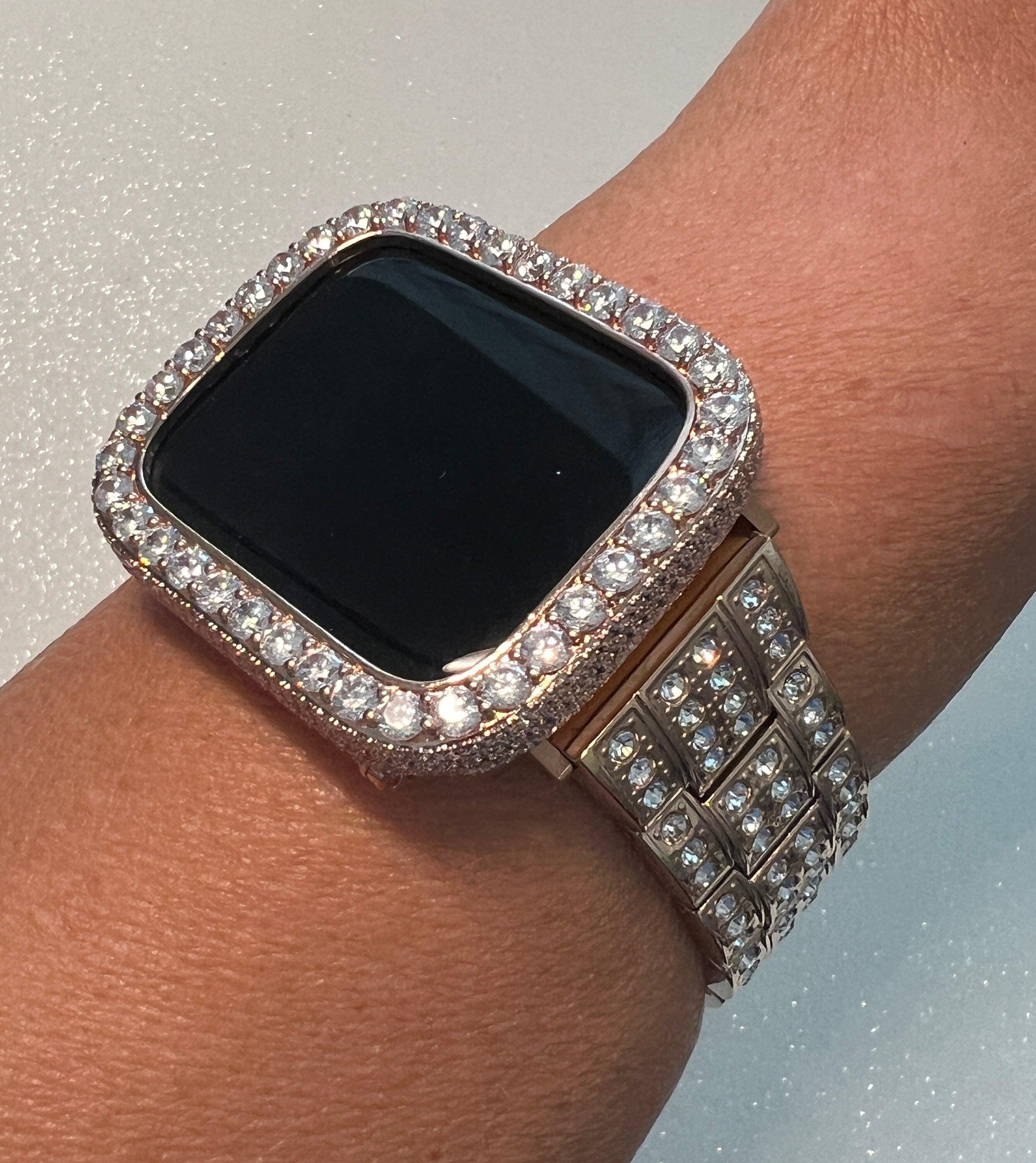 Luxury Apple Watch Band in Stainless Steel Rose Gold with large Swarovski Crystals and or Apple Watch Cover with large 3.5mm Lab Diamonds set in 14K gold plating.  Protective Bumper from Iwatch Candy