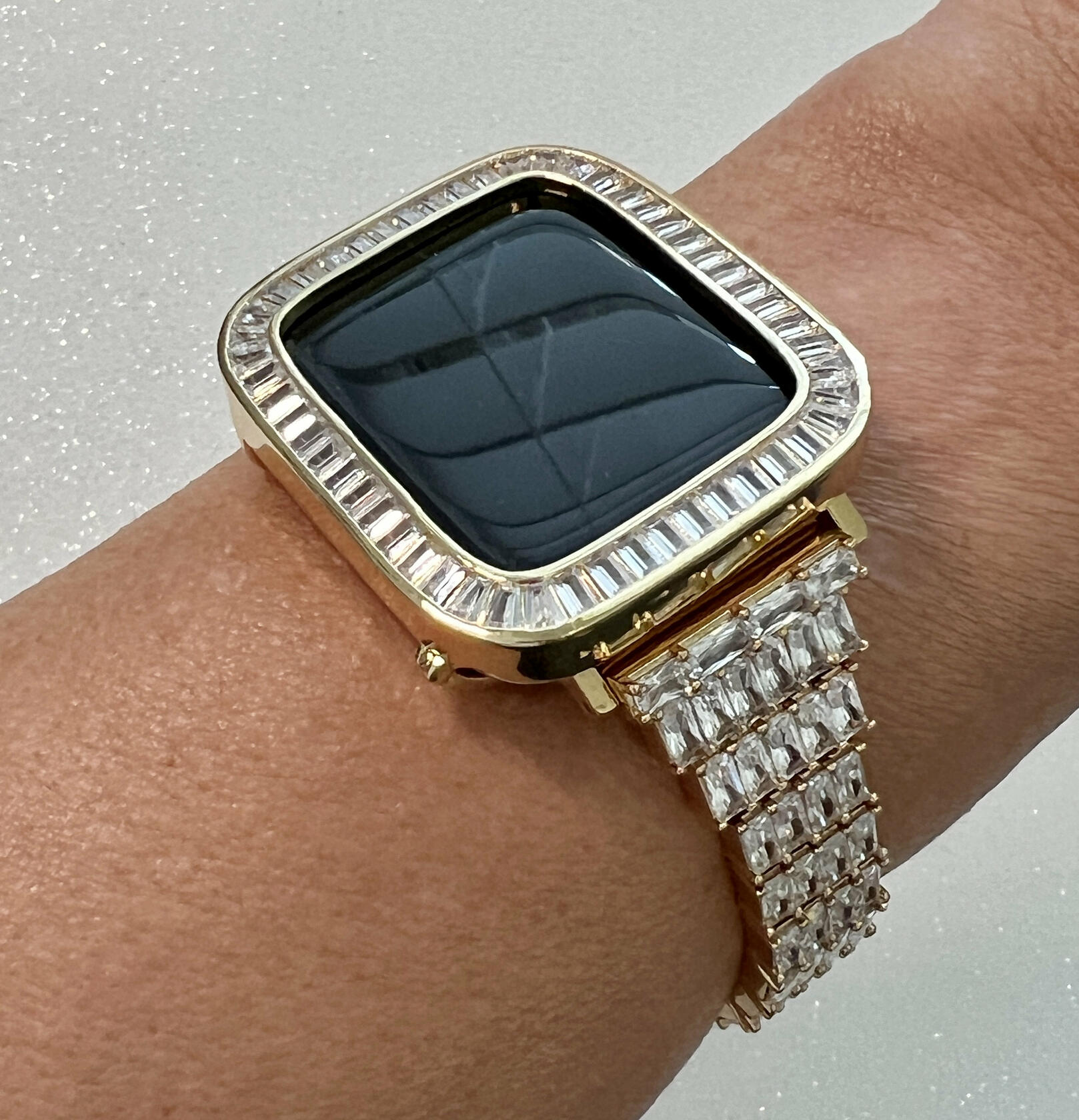 Custom Gold Apple Watch Band Woman Baguette Swarovski Crystals & or Apple Watch Cover Lab Diamond Bezel Case Iwatch Candy Bling 38mm-45mm