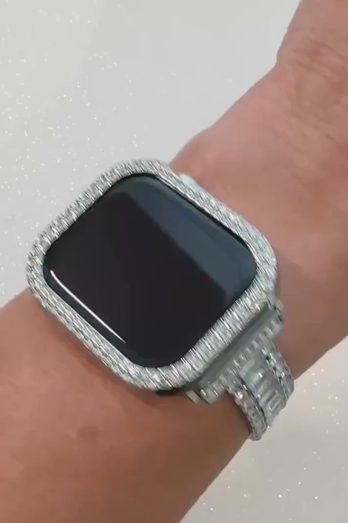 42mm 46mm Apple Watch Band Series 10 Womens Silver Swarovski Crystals & or Apple Watch Case Lab Diamond Bezel Iphone Watch 38mm-49mm Ultra