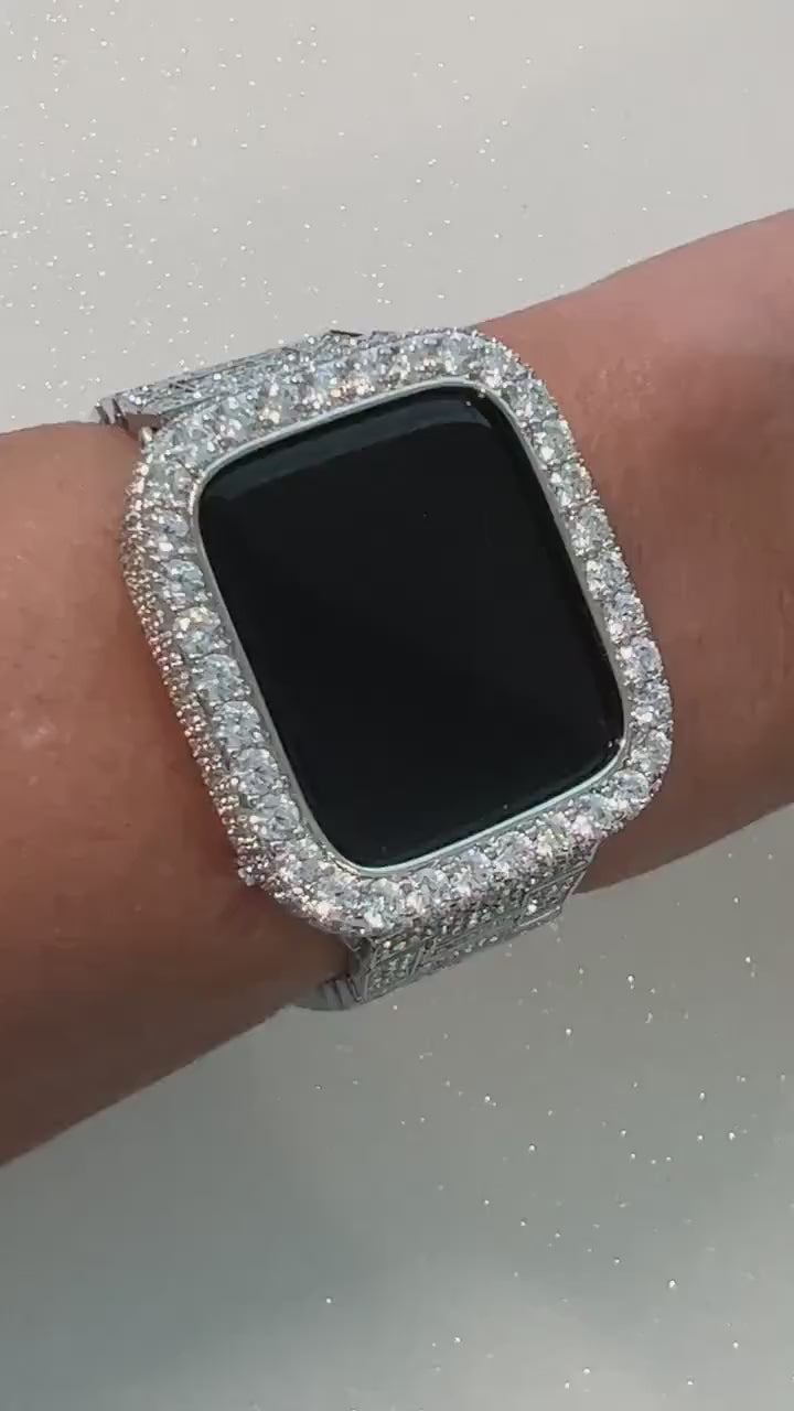 Mens Apple Watch Band Women Silver Pave Swarovski Crystal & or Apple Watch Cover 3.5mm Lab Diamond Bezel Smartwatch Bumper Case Iwatch Candy