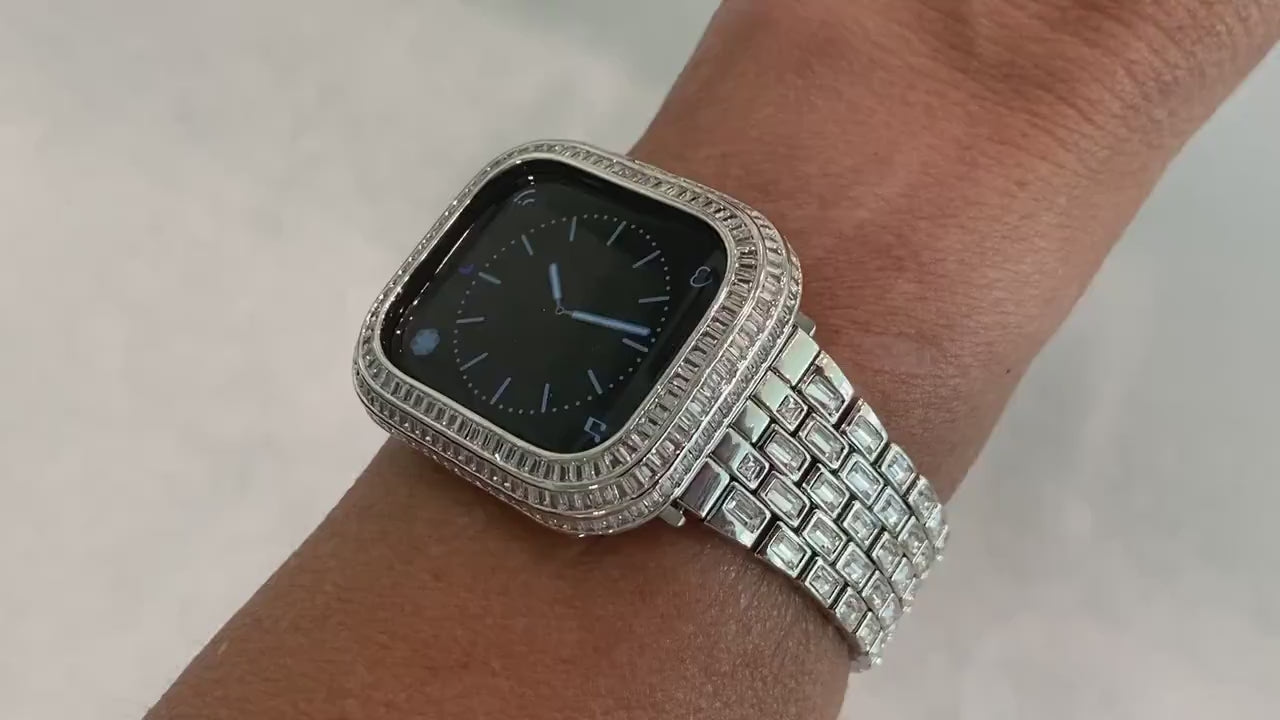 Silver Apple Watch Band Silver 40mm 41mm 44mm 45mm & or White Gold Lab Diamond Baguette Bezel Cover Smartwatch Bumper Bling Series 4-9 SE