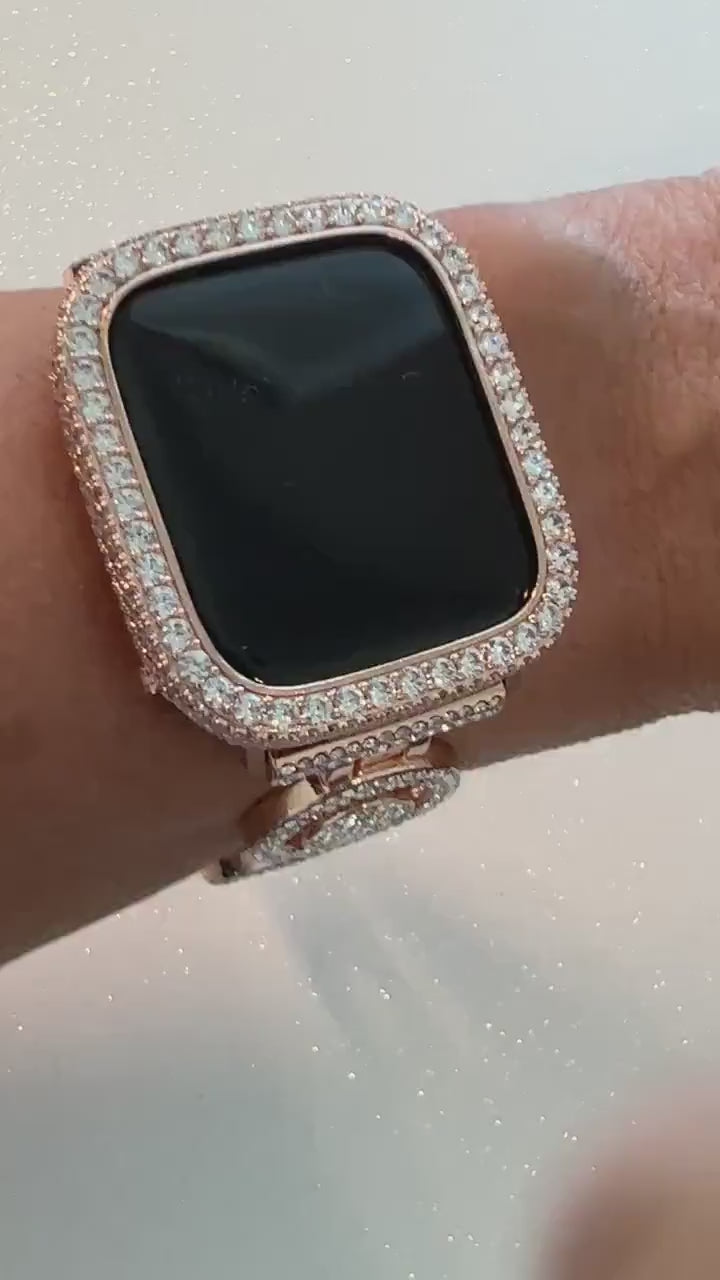 Pave Rose Gold Apple Watch Band Womens Swarovski Crystals 38-49mm & or Apple Watch Cover Lab Diamond Bezel Iphone Watch Case Iwatch Candy