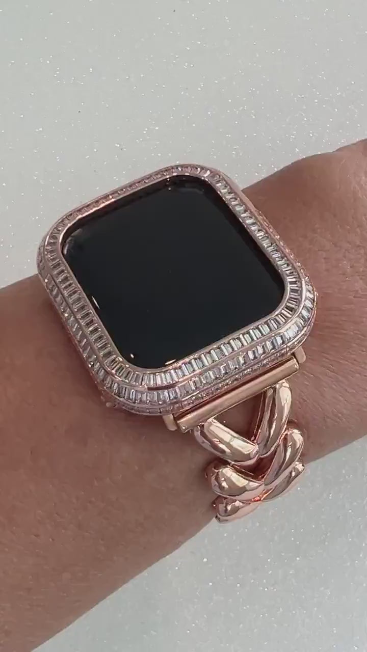 Rose Gold Apple Watch Band Womens Minimalist Bracelet, Iwatch Phone band & or Apple Watch Case Baguette Lab Diamond Bezel Iwatch Cover Gift