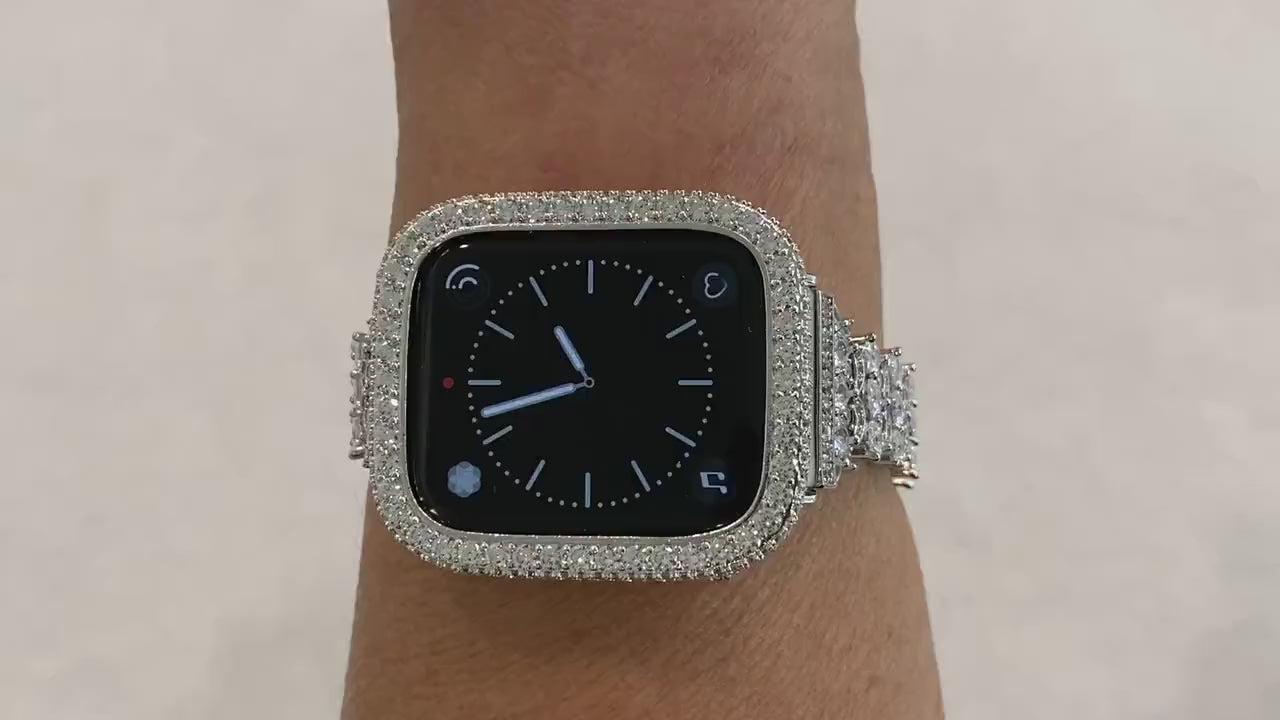 Apple Watch Band Silver Swarovski Crystals 38mm-49mm Ultra & or Apple Watch Cover Lab Diamond Bezel Smartwatch Bumper Bling Iphone Watch