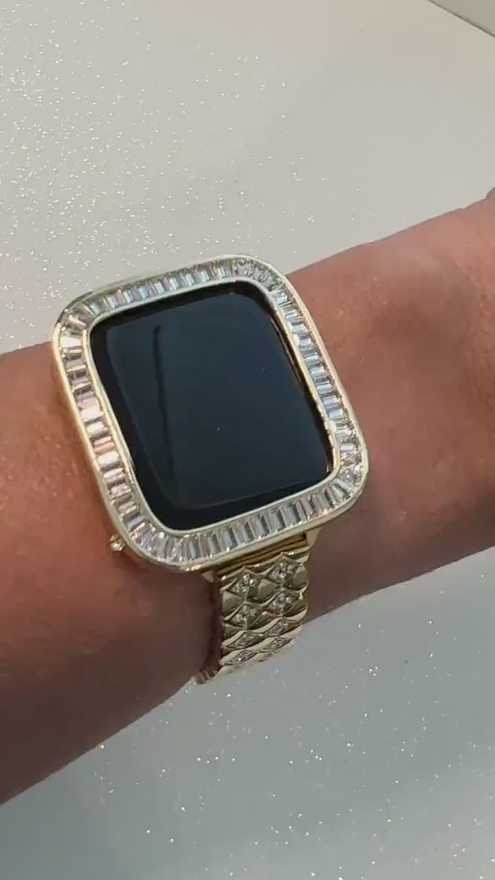 Yellow Gold Apple Watch Band Womens  Crystal Bracelet & or Apple Watch Case Baguette Lab Diamond Bumper Cover Iwatch Candy Bling