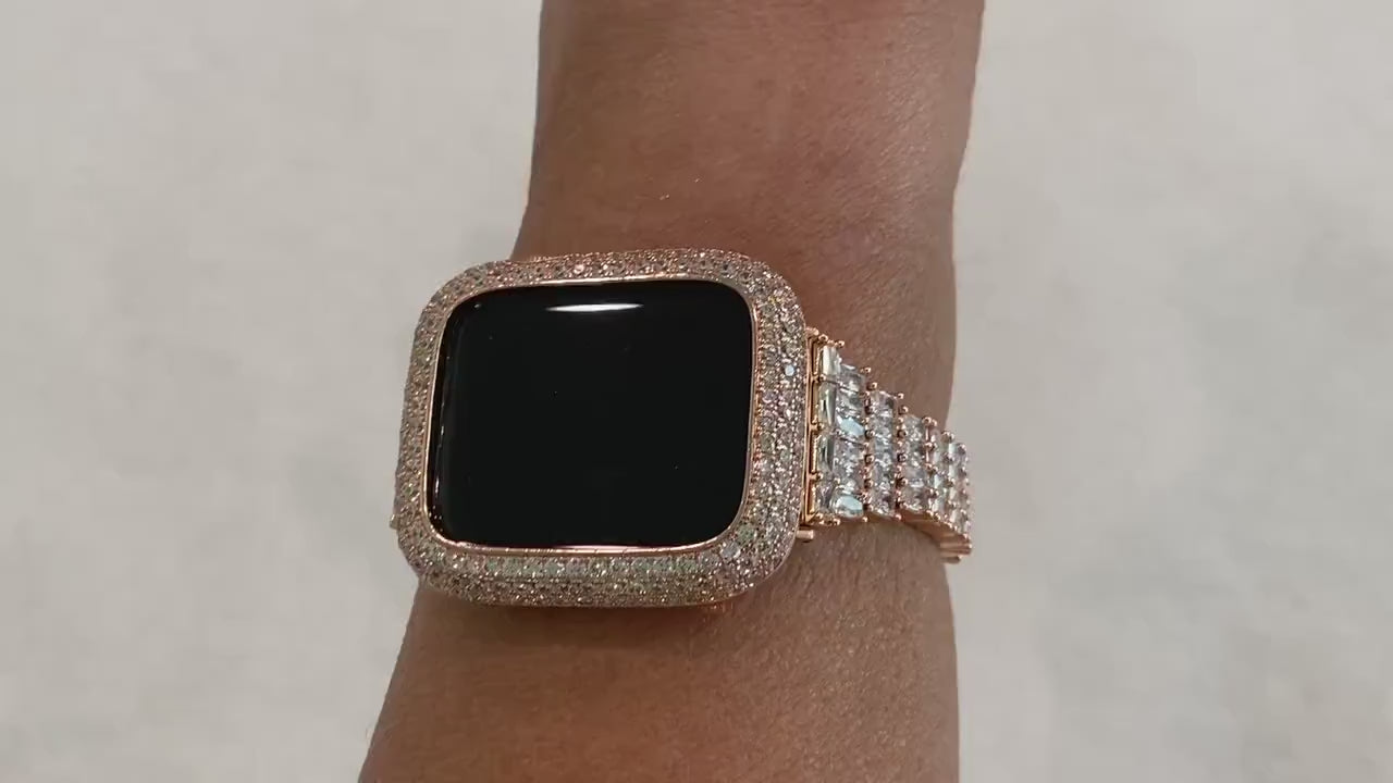 Rose Gold Apple Watch Band Swarovski Crystal Baguettes 38mm-49mm Ultra & or Apple Watch Cover Lab Diamond Bezel Case Smartwatch Bumper Bling